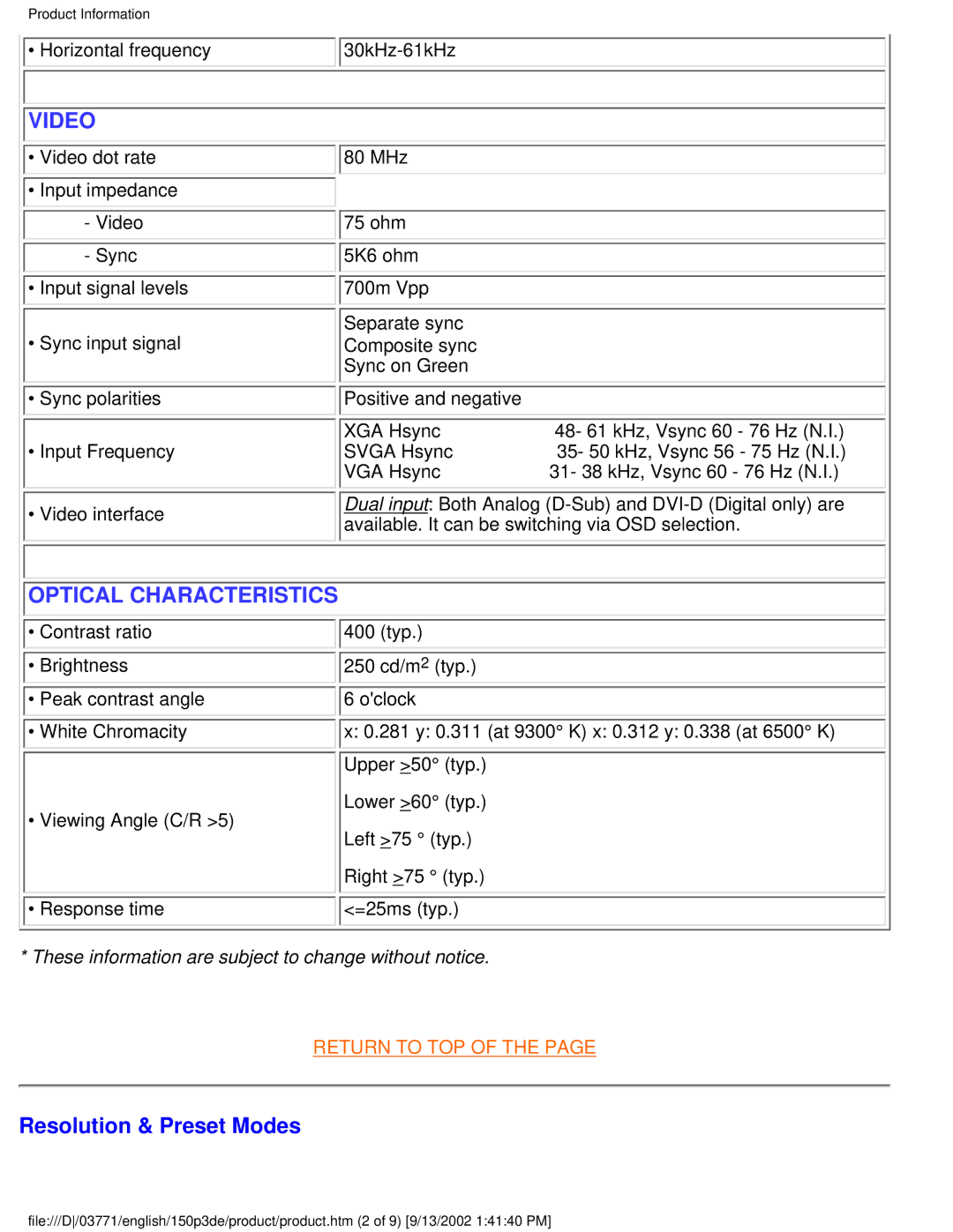 Philips 150P3E user manual Video, Resolution & Preset Modes 