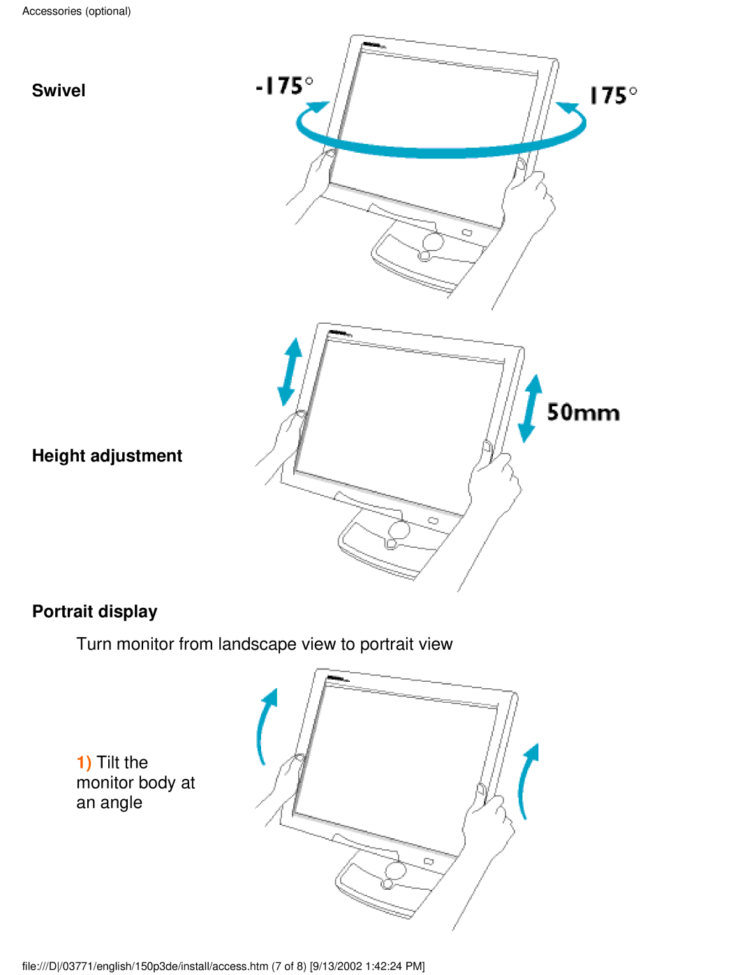 Philips 150P3E user manual Swivel Height adjustment Portrait display 