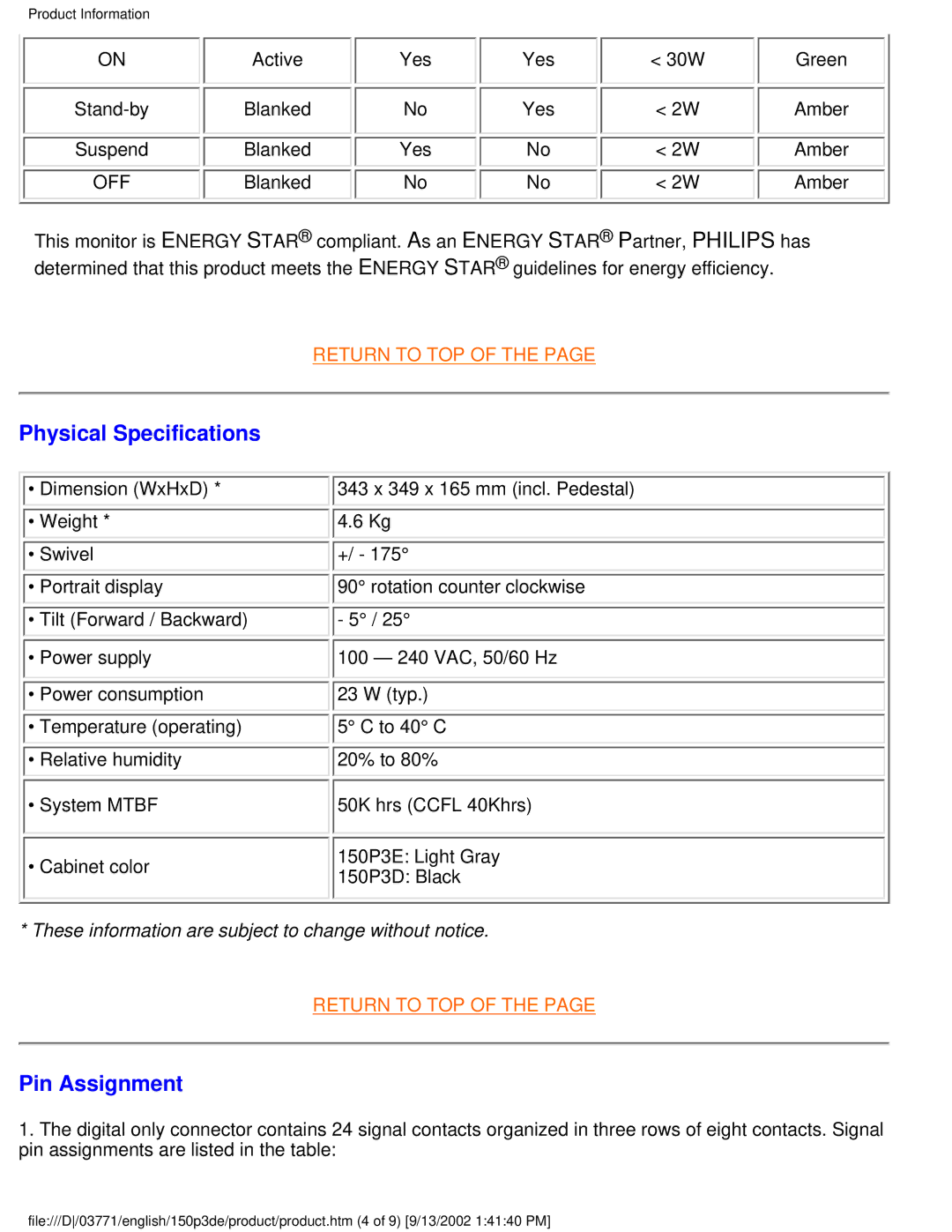 Philips 150P3E user manual Physical Specifications, Pin Assignment 