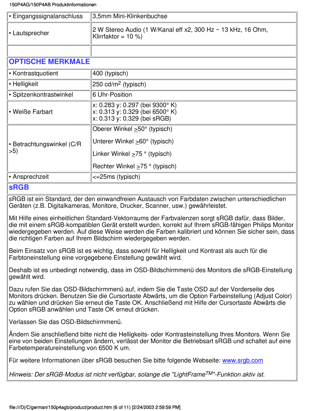 Philips 150P4AG, 150P4AB user manual Optische Merkmale, sRGB 