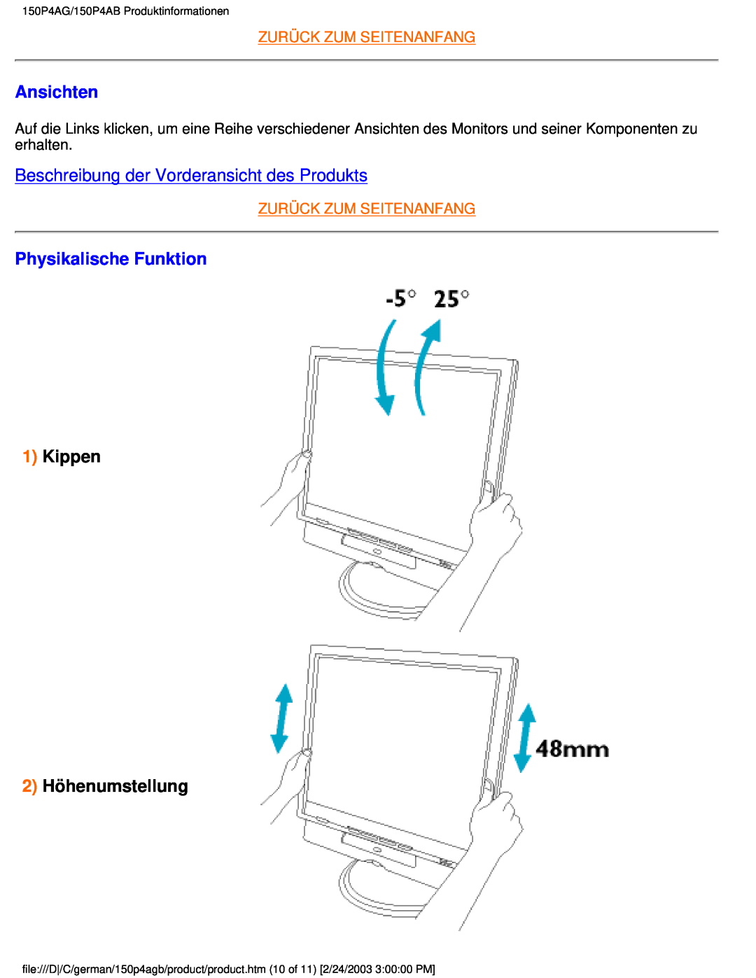 Philips 150P4AG Ansichten, Beschreibung der Vorderansicht des Produkts, Physikalische Funktion, Kippen 2 Höhenumstellung 