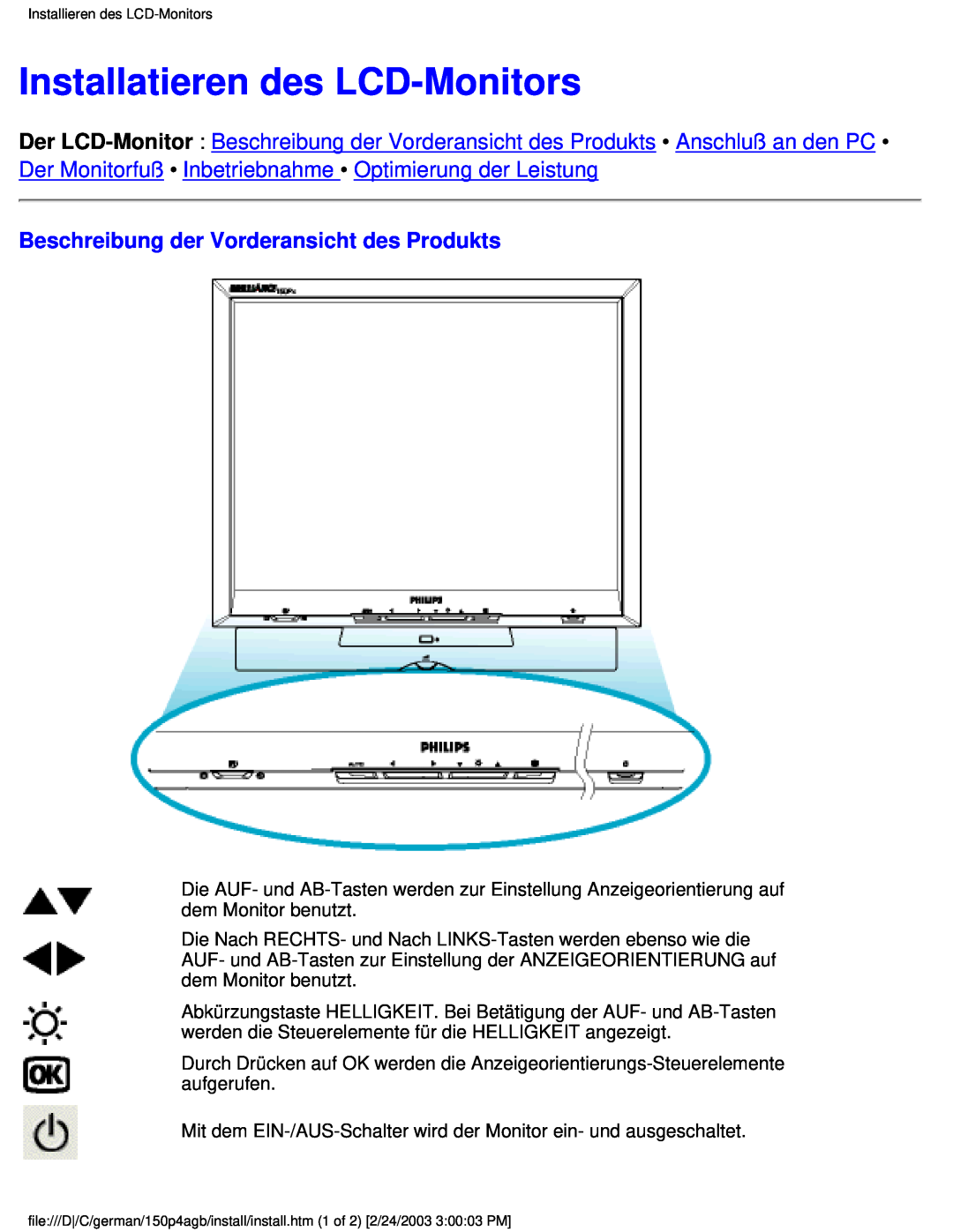 Philips 150P4AG, 150P4AB user manual Installatieren des LCD-Monitors, Beschreibung der Vorderansicht des Produkts 