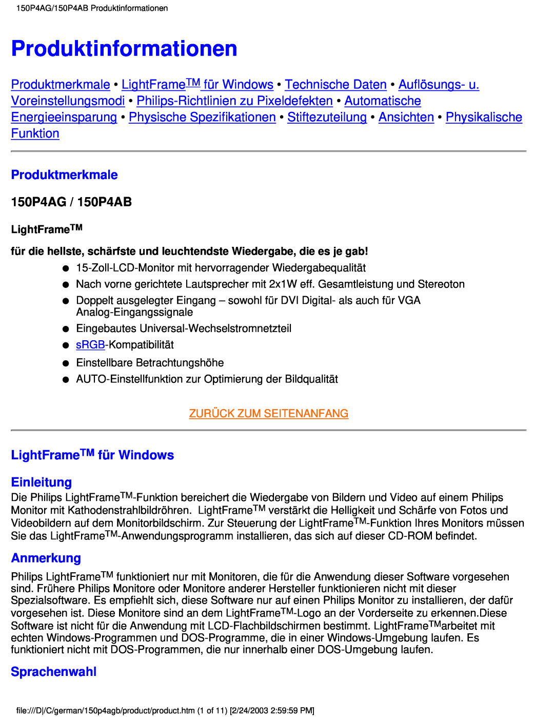 Philips Produktinformationen, Produktmerkmale, 150P4AG / 150P4AB, LightFrameTM für Windows Einleitung, Anmerkung 