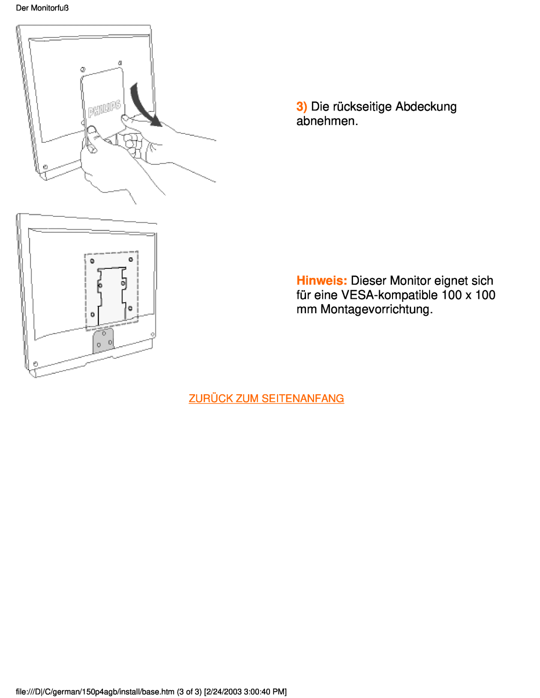 Philips 150P4AB, 150P4AG user manual Die rückseitige Abdeckung abnehmen, Zurück Zum Seitenanfang, Der Monitorfuß 