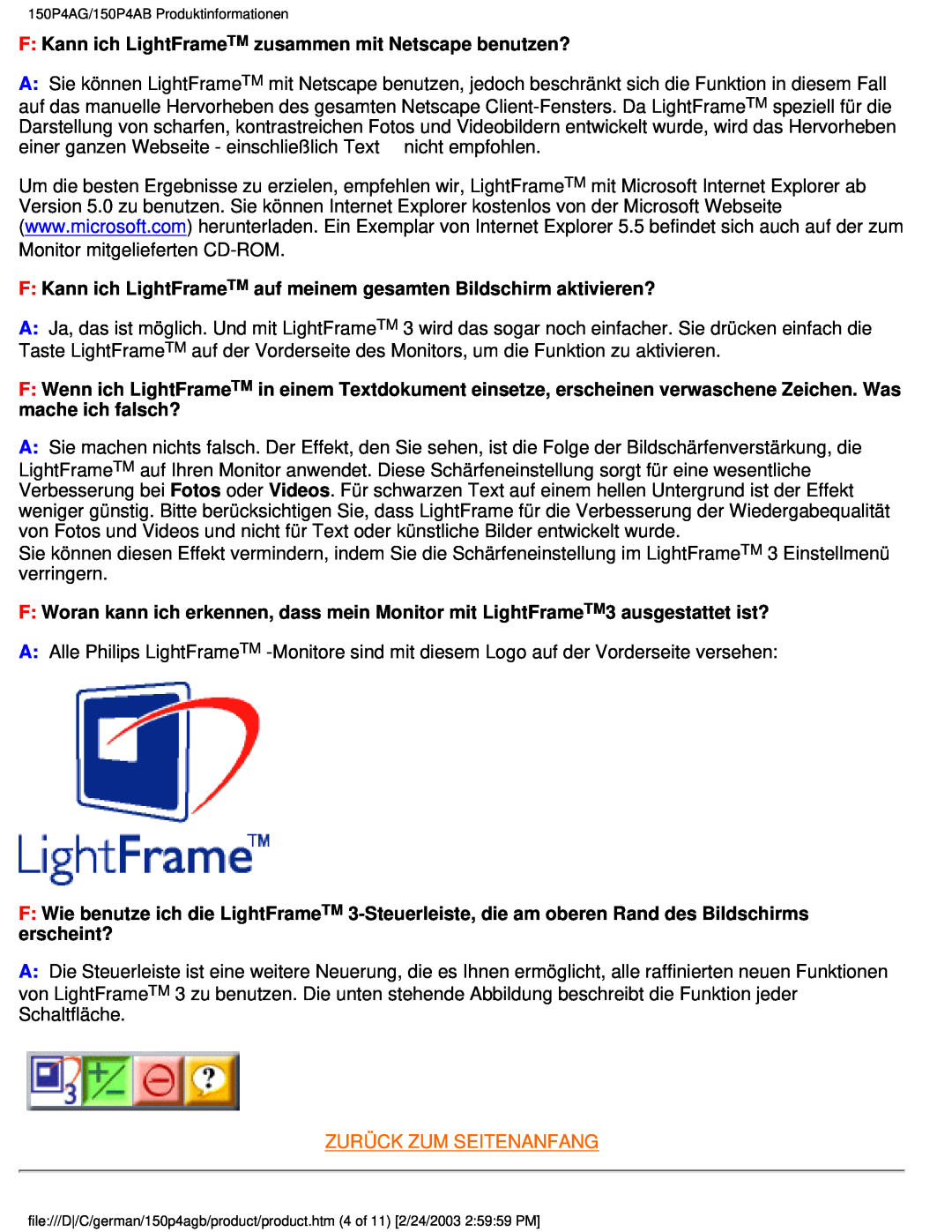 Philips 150P4AG, 150P4AB user manual F Kann ich LightFrameTM zusammen mit Netscape benutzen?, Zurück Zum Seitenanfang 