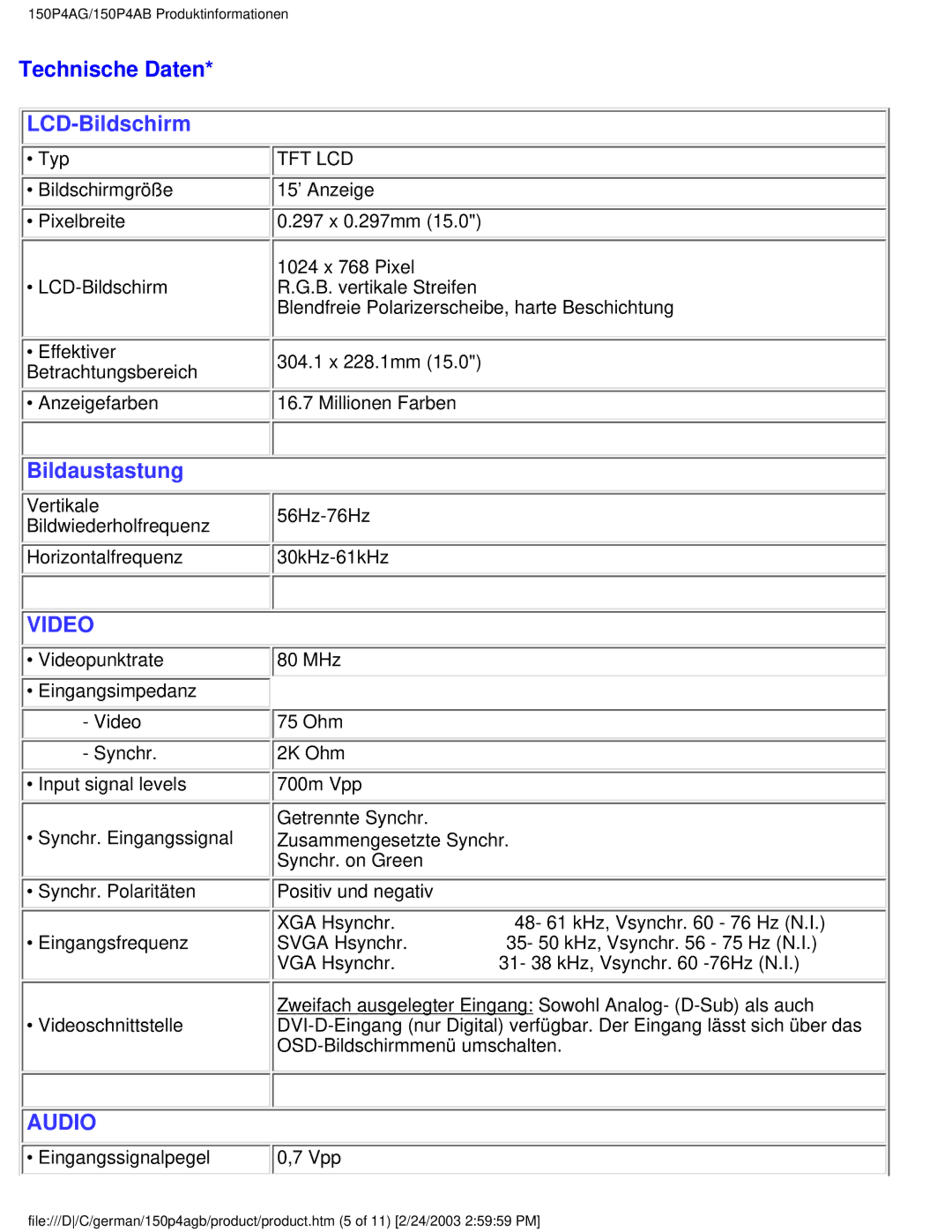 Philips 150P4AB, 150P4AG user manual Technische Daten, LCD-Bildschirm 