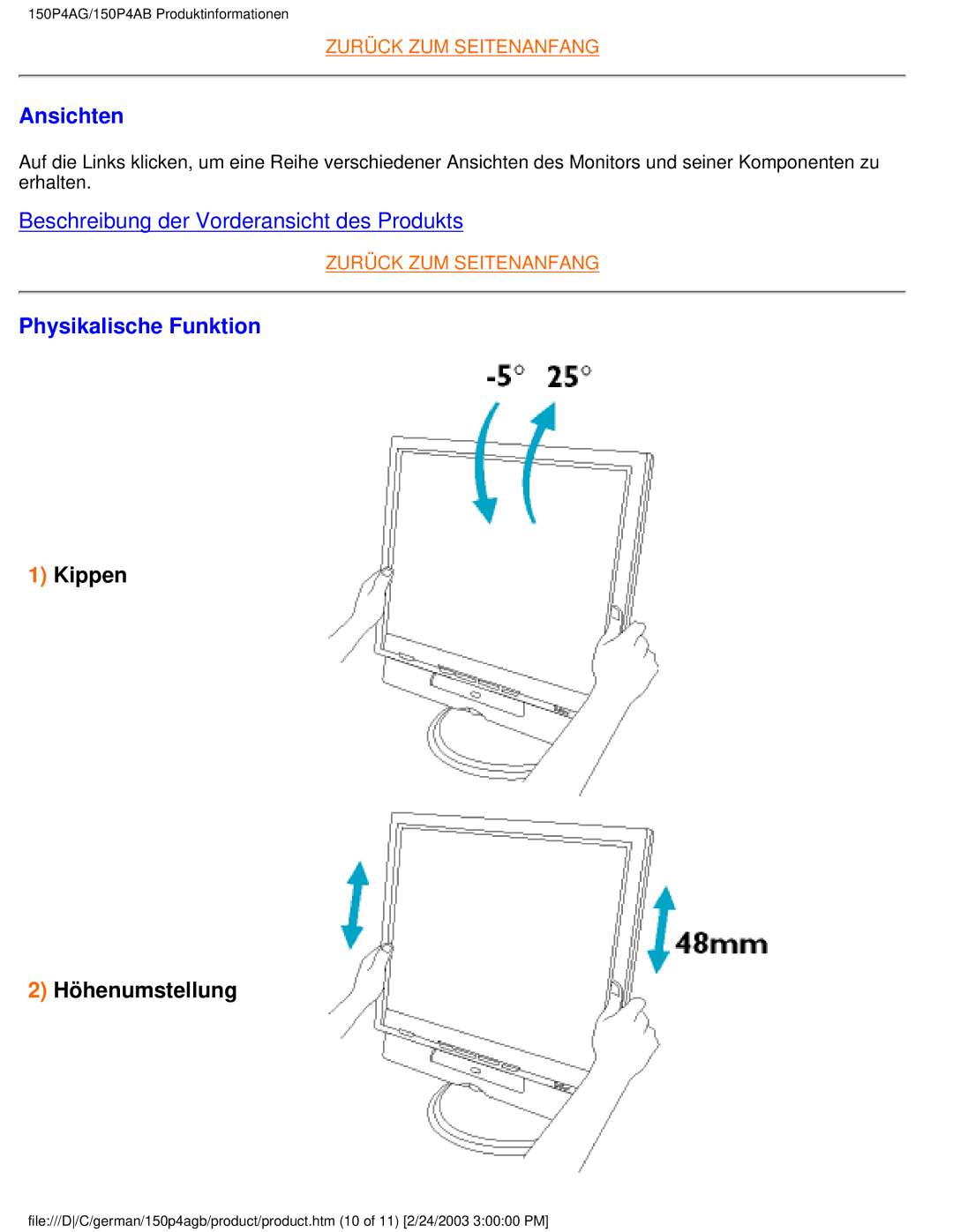 Philips 150P4AG, 150P4AB user manual Ansichten, Physikalische Funktion 