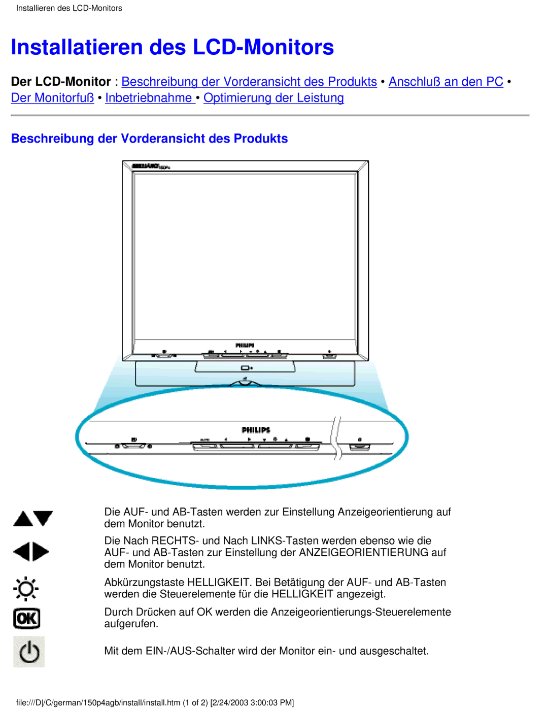 Philips 150P4AG, 150P4AB user manual Installatieren des LCD-Monitors, Beschreibung der Vorderansicht des Produkts 