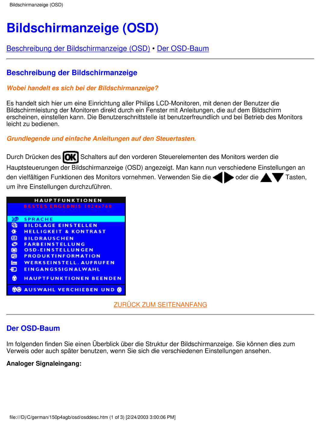 Philips 150P4AG, 150P4AB Bildschirmanzeige OSD, Beschreibung der Bildschirmanzeige, Der OSD-Baum, Analoger Signaleingang 