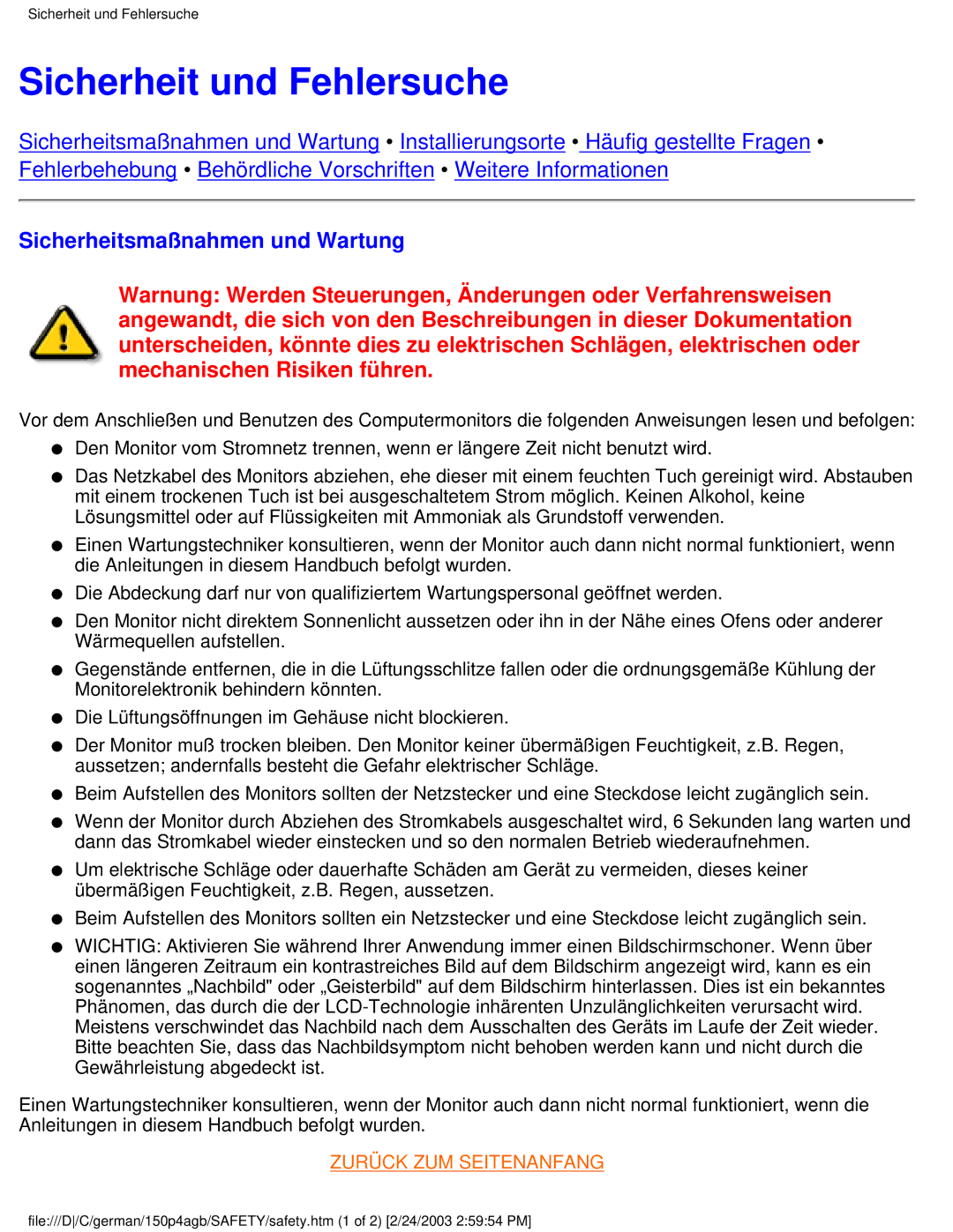 Philips 150P4AB, 150P4AG user manual Sicherheit und Fehlersuche, Sicherheitsmaßnahmen und Wartung 