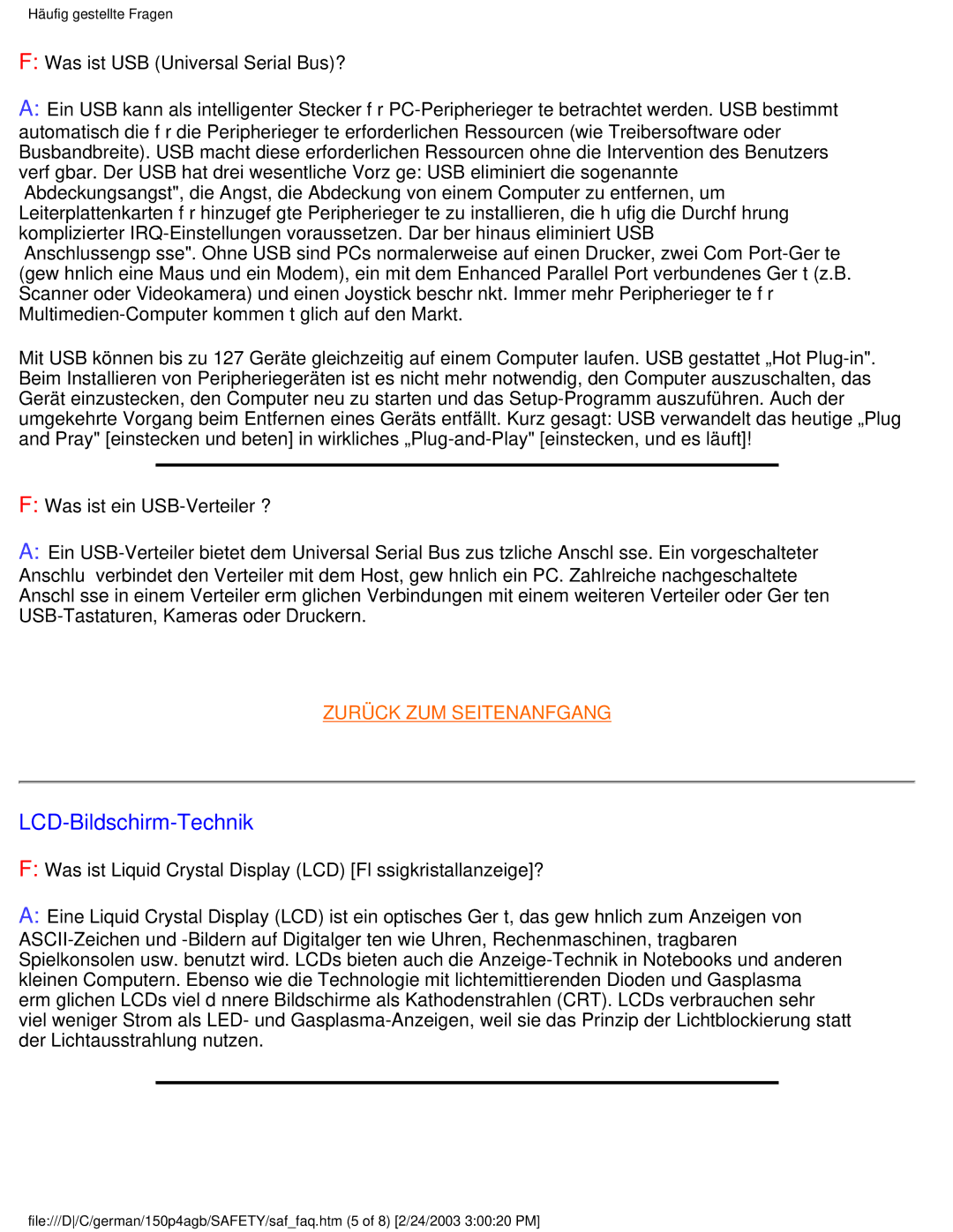 Philips 150P4AG, 150P4AB user manual LCD-Bildschirm-Technik 