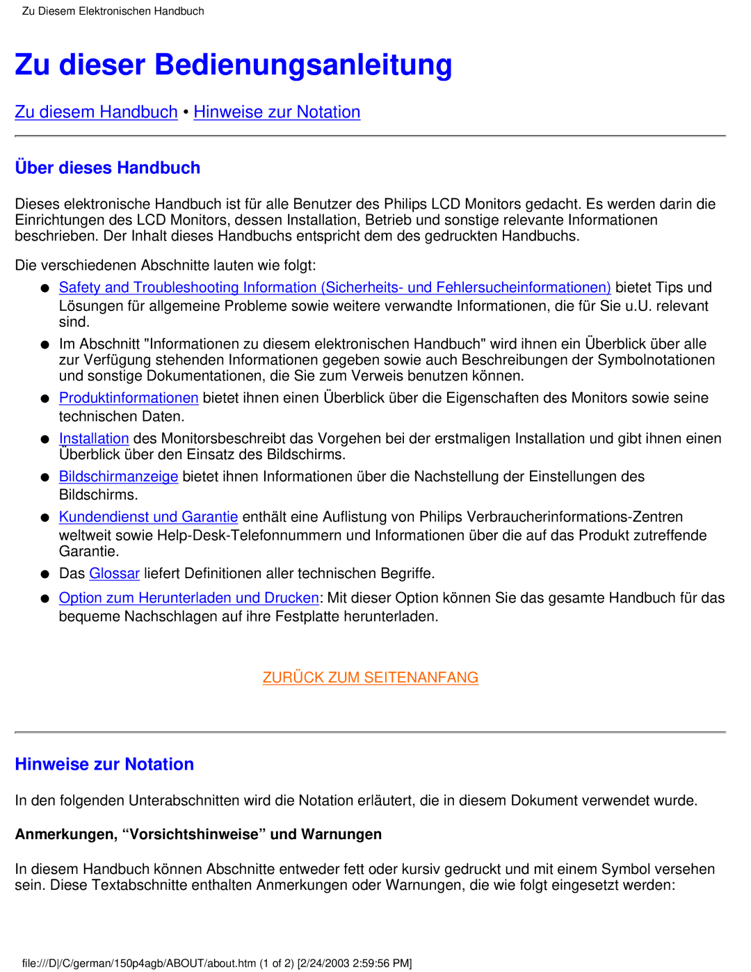 Philips 150P4AB, 150P4AG user manual Zu dieser Bedienungsanleitung, Über dieses Handbuch, Hinweise zur Notation 