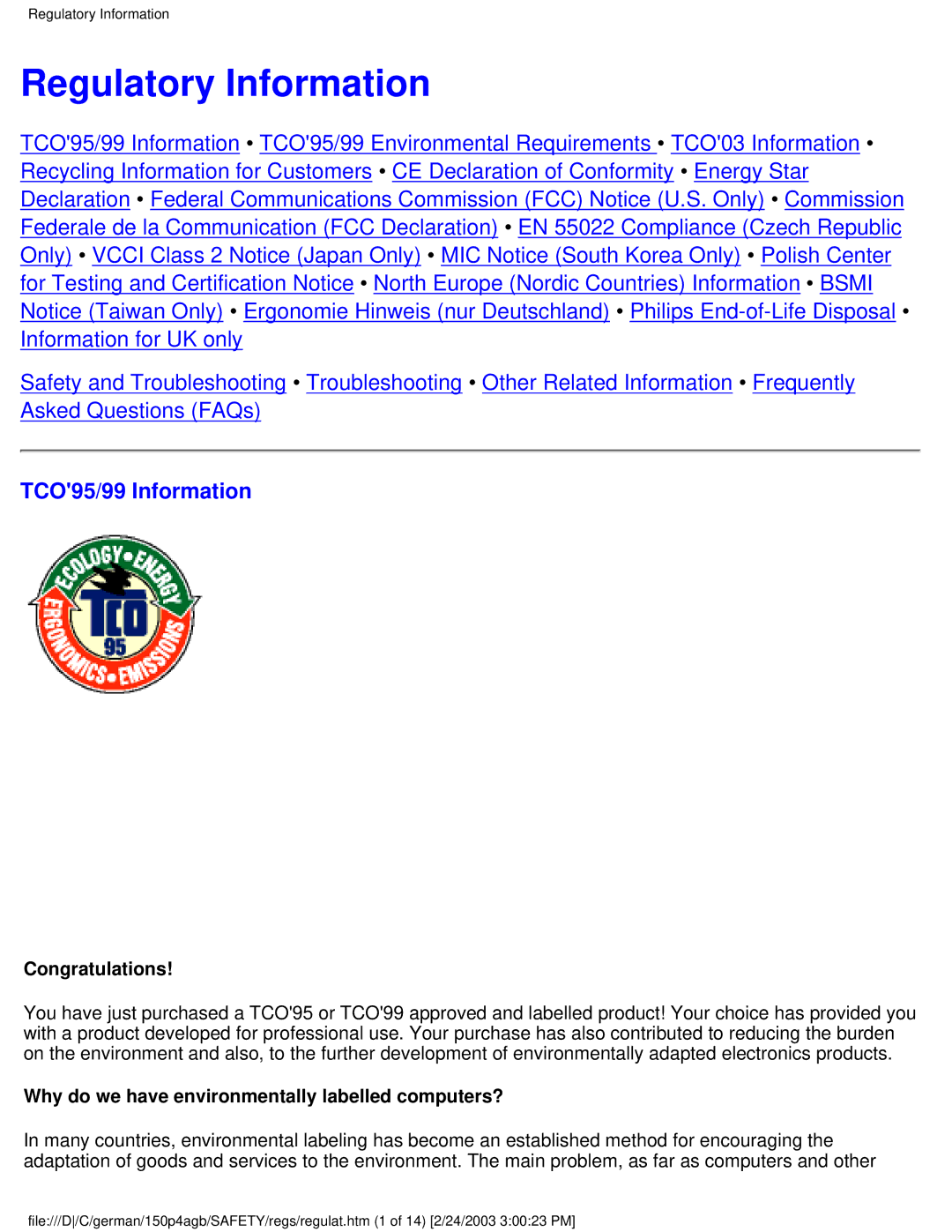 Philips 150P4AB, 150P4AG user manual Regulatory Information, TCO95/99 Information, Congratulations 