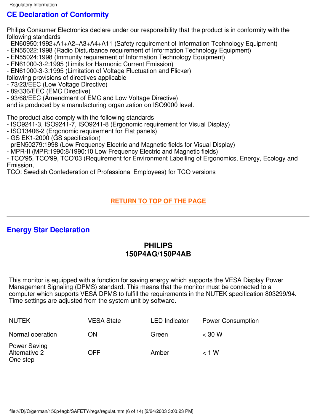 Philips 150P4AG, 150P4AB user manual CE Declaration of Conformity, Energy Star Declaration 