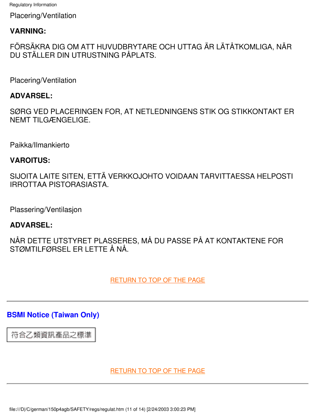 Philips 150P4AB, 150P4AG Placering/Ventilation, Paikka/Ilmankierto, Plassering/Ventilasjon, Bsmi Notice Taiwan Only 