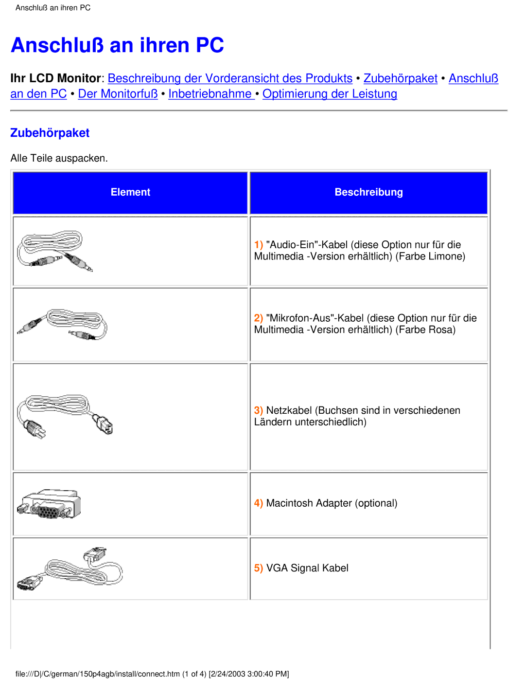 Philips 150P4AB, 150P4AG user manual Anschluß an ihren PC, Zubehörpaket 