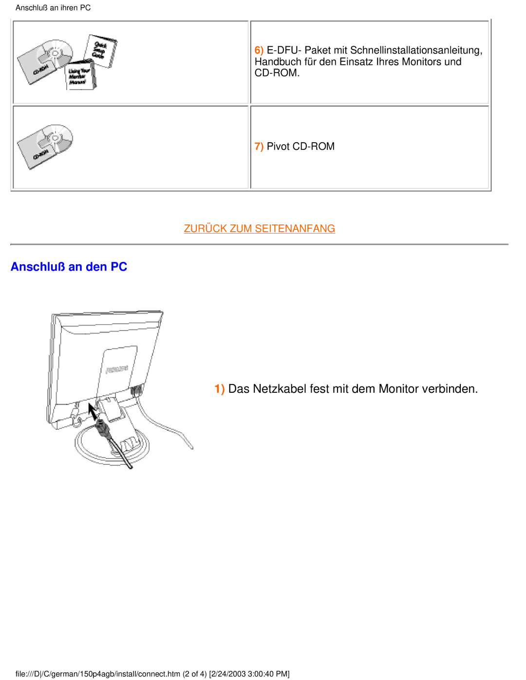 Philips 150P4AG, 150P4AB user manual Anschluß an den PC, Das Netzkabel fest mit dem Monitor verbinden 