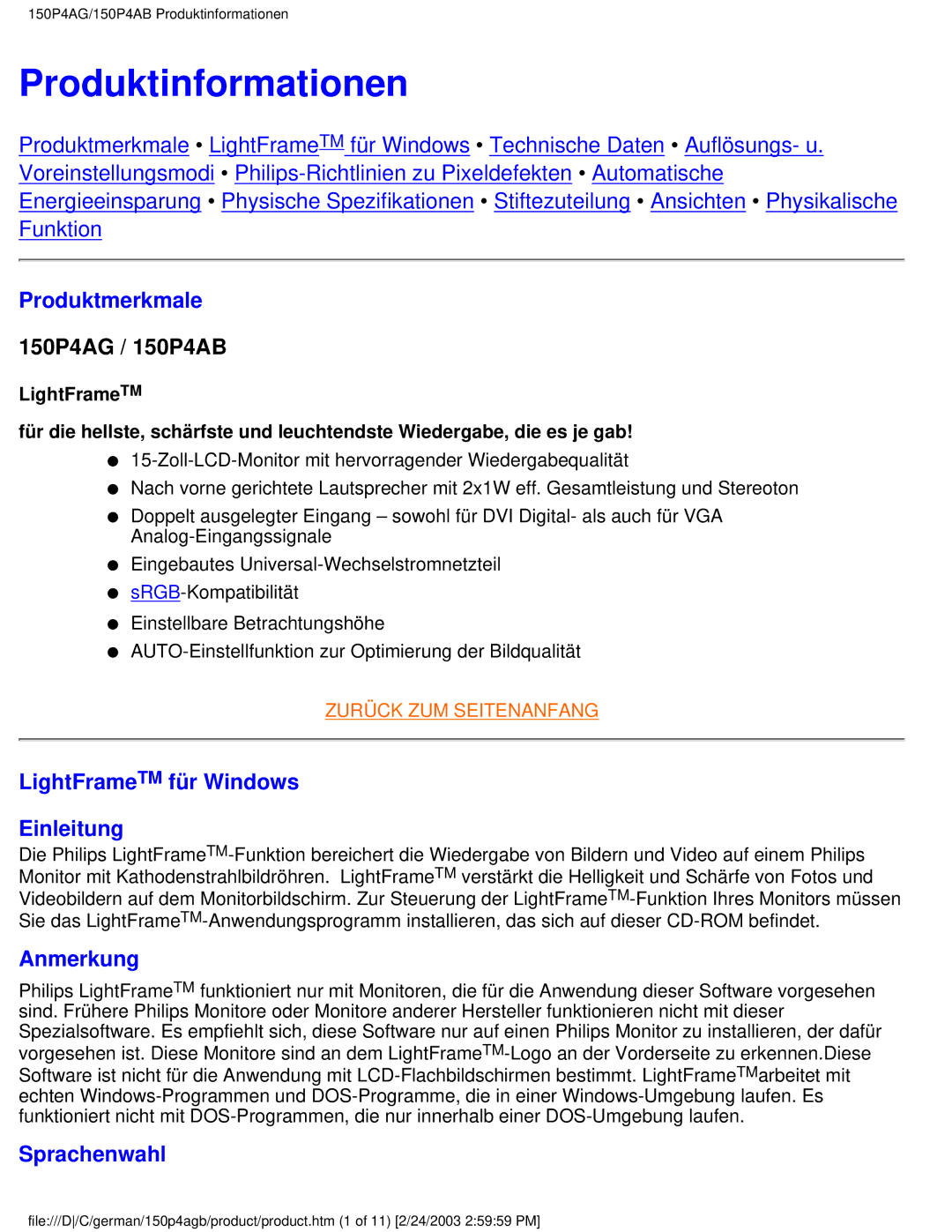 Philips 150P4AB Produktinformationen, Produktmerkmale, LightFrameTM für Windows Einleitung, Anmerkung, Sprachenwahl 