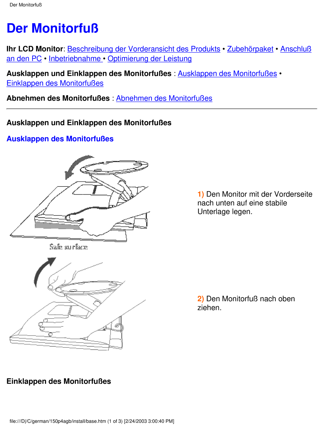 Philips 150P4AB, 150P4AG user manual Der Monitorfuß, Ausklappen des Monitorfußes 