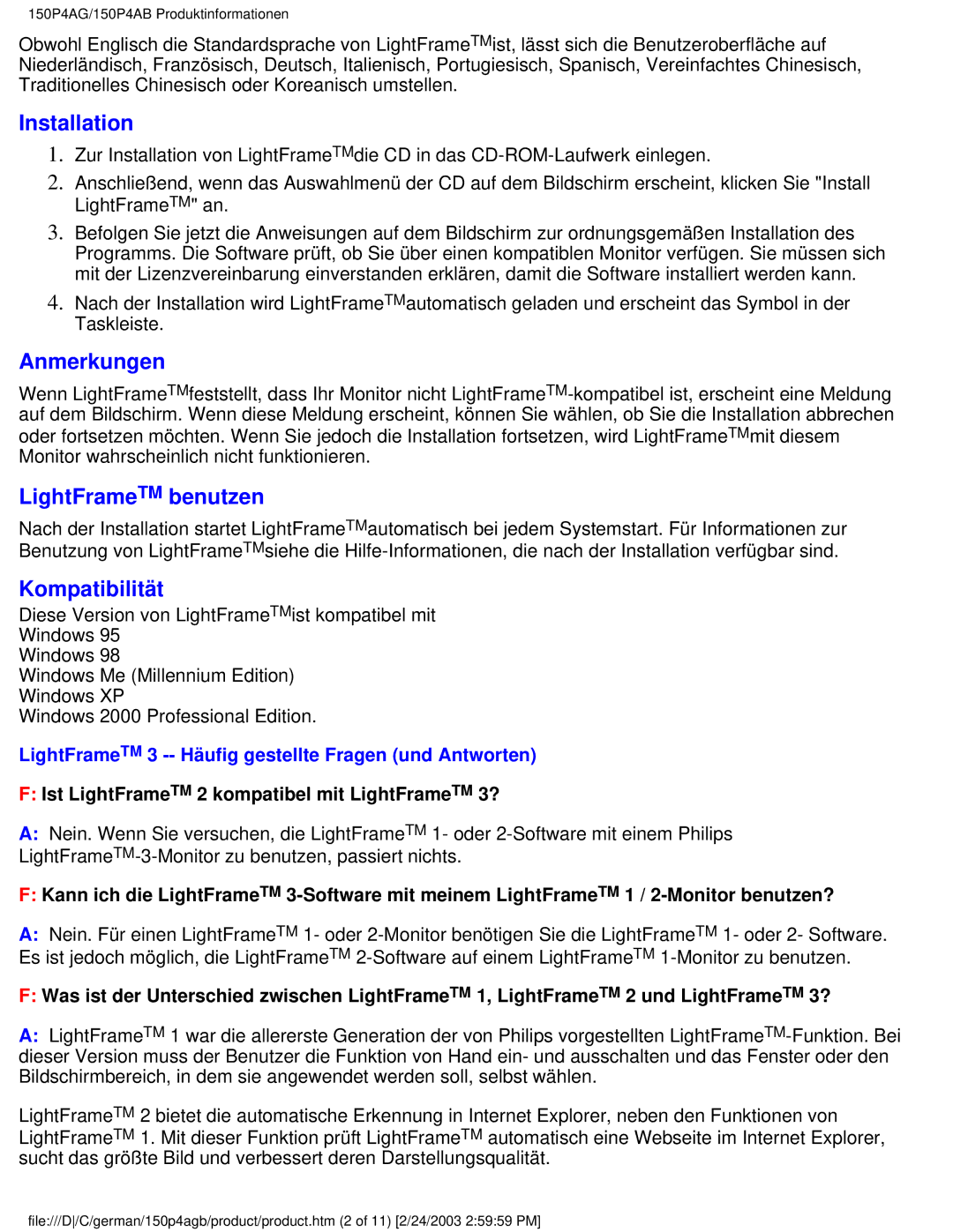 Philips 150P4AG, 150P4AB user manual Installation, Anmerkungen, LightFrameTM benutzen, Kompatibilität 