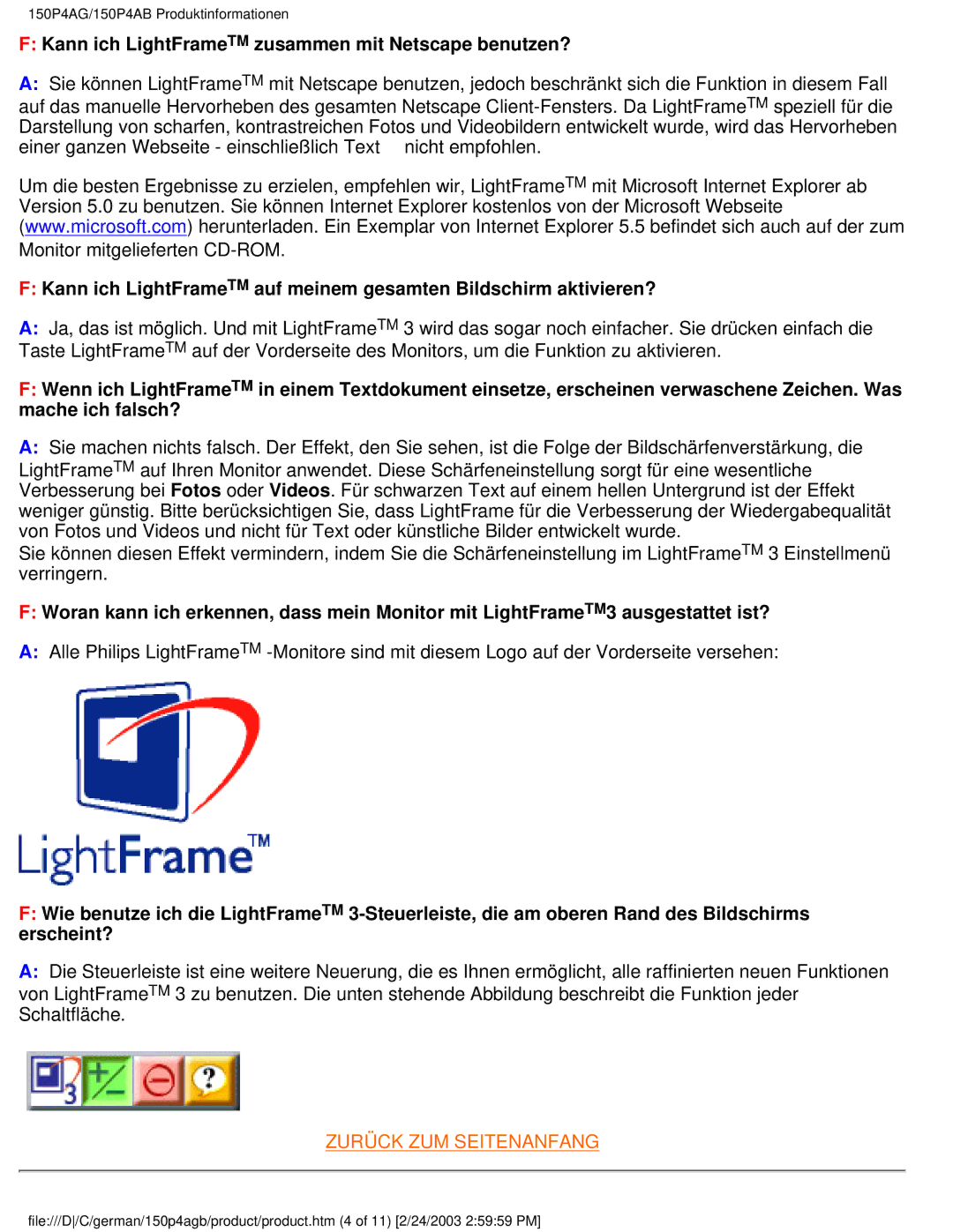 Philips 150P4AG, 150P4AB user manual Kann ich LightFrameTM zusammen mit Netscape benutzen? 