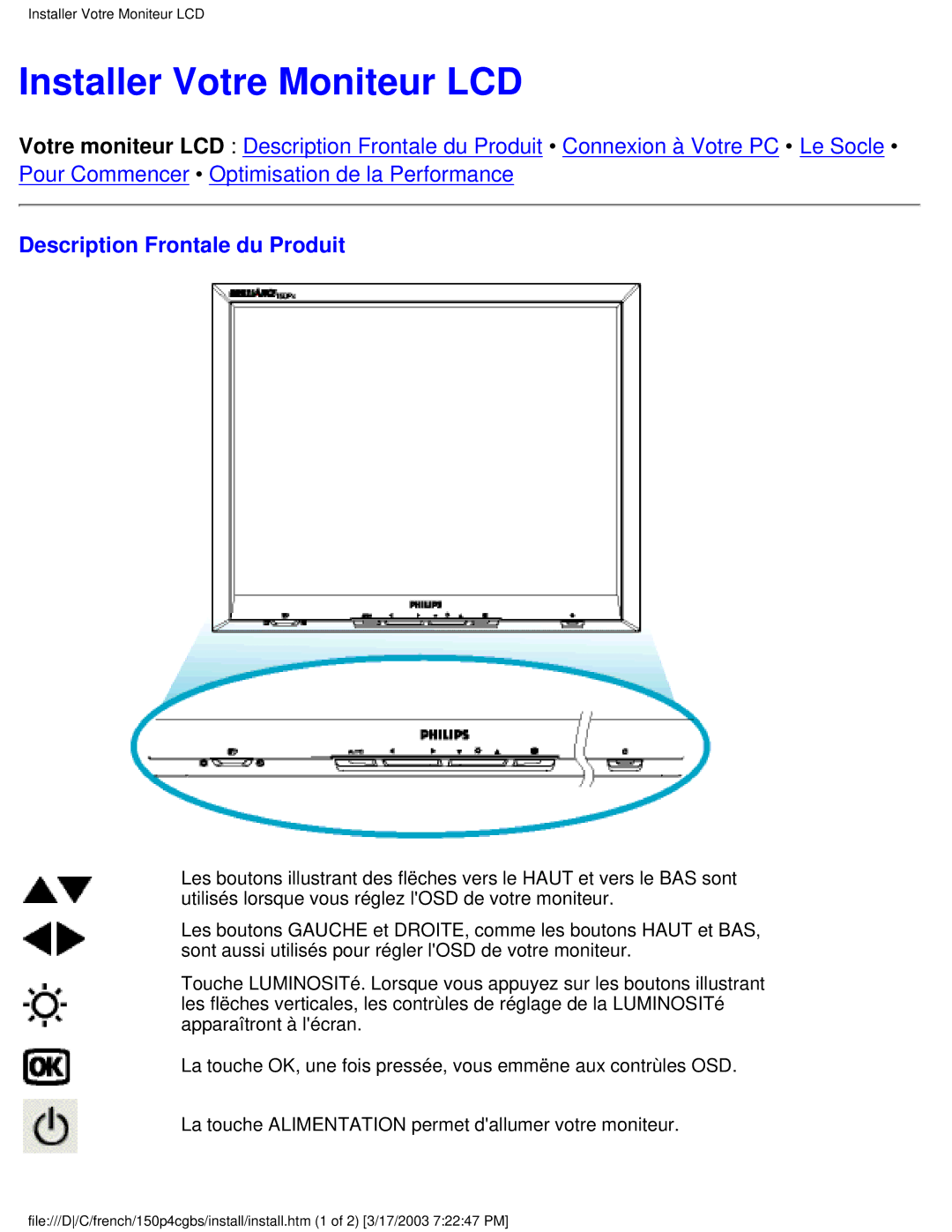 Philips 150P4CB user manual Installer Votre Moniteur LCD, Description Frontale du Produit 