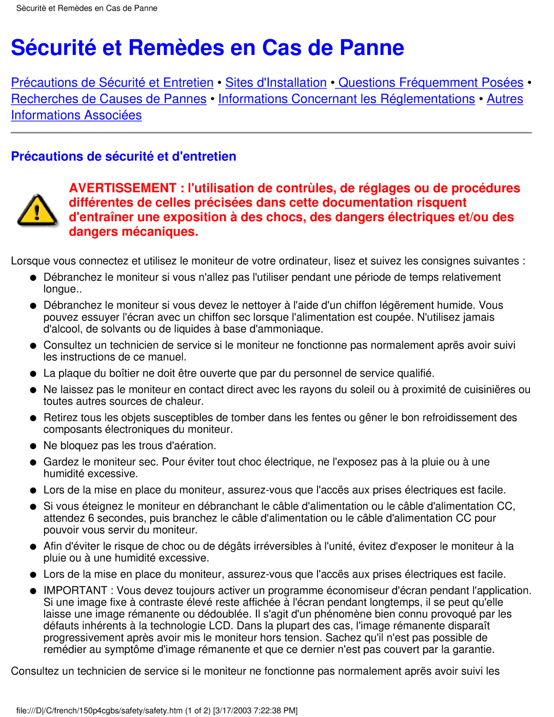 Philips 150P4CB user manual Sécurité et Remèdes en Cas de Panne, Précautions de sécurité et dentretien 