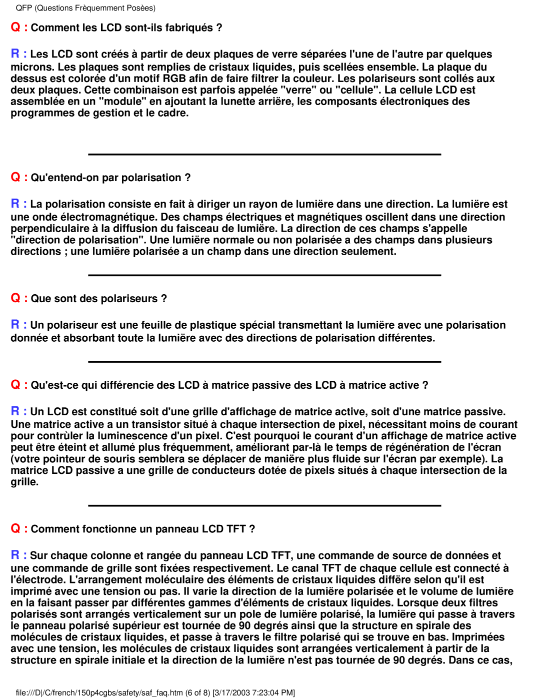 Philips 150P4CB user manual QFP Questions Frèquemment Posèes 