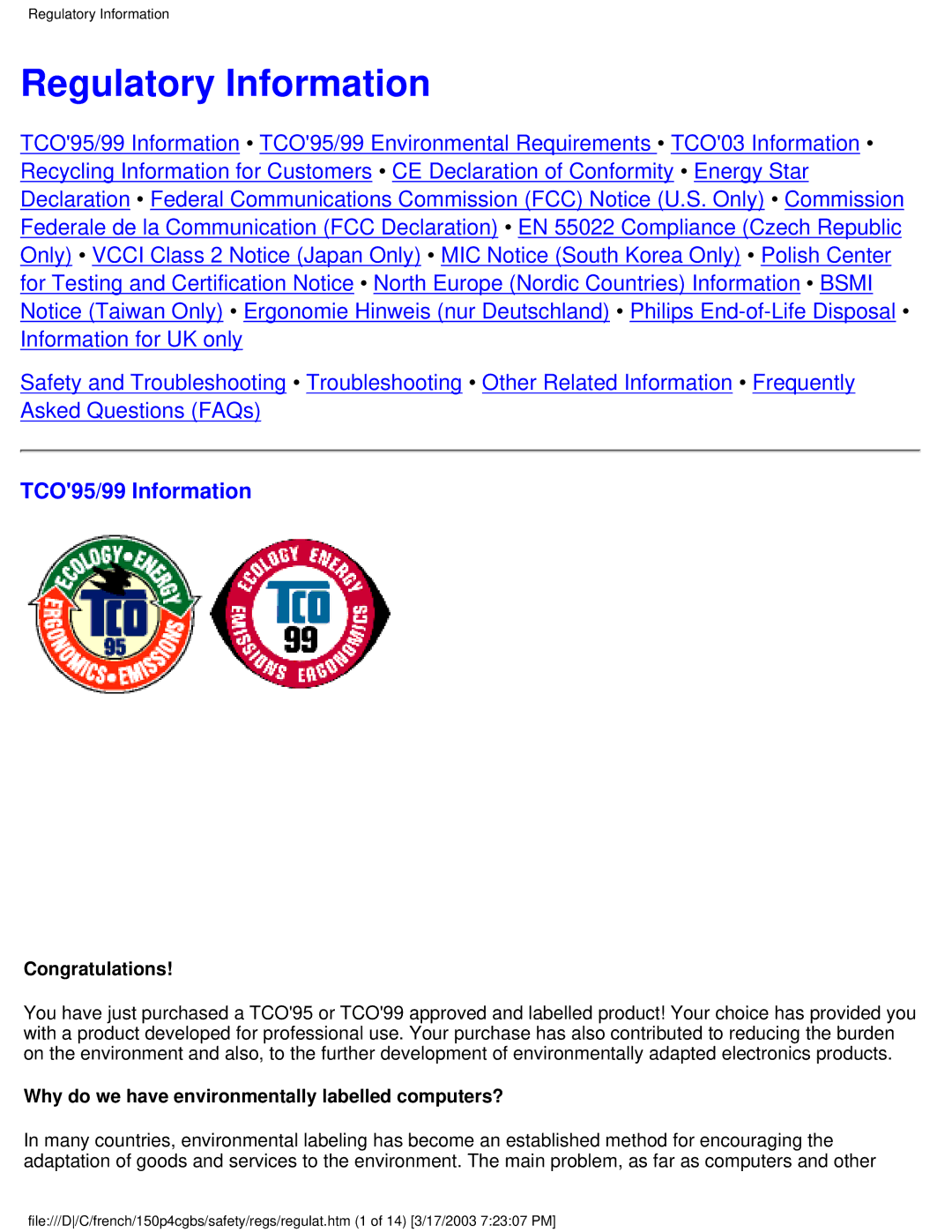 Philips 150P4CB user manual Regulatory Information, TCO95/99 Information, Congratulations 