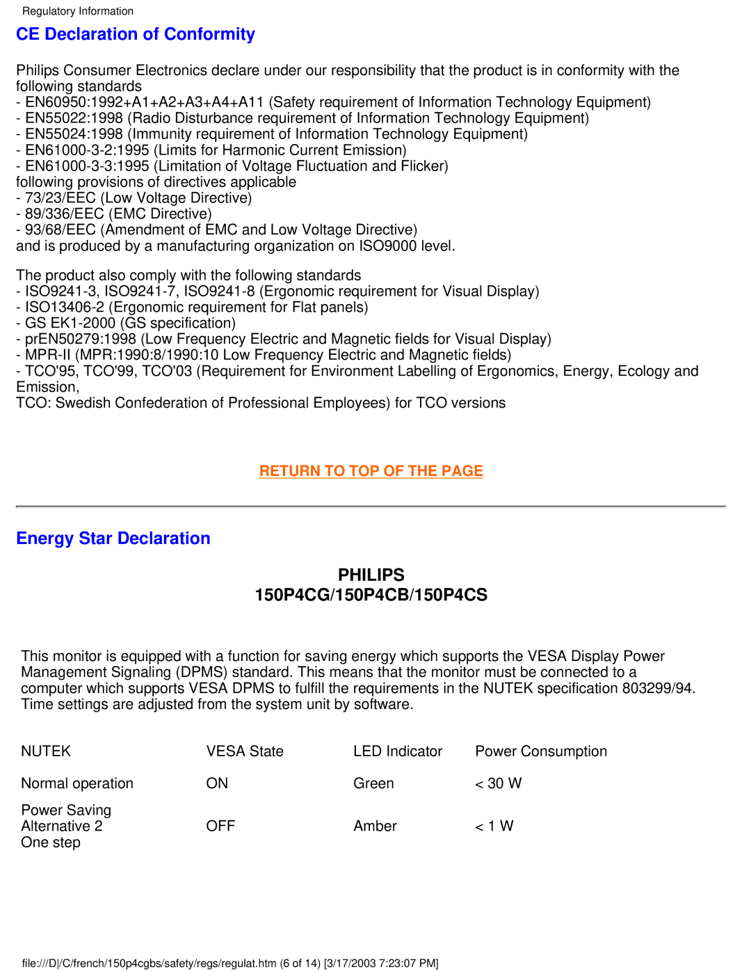 Philips 150P4CB user manual CE Declaration of Conformity, Energy Star Declaration 