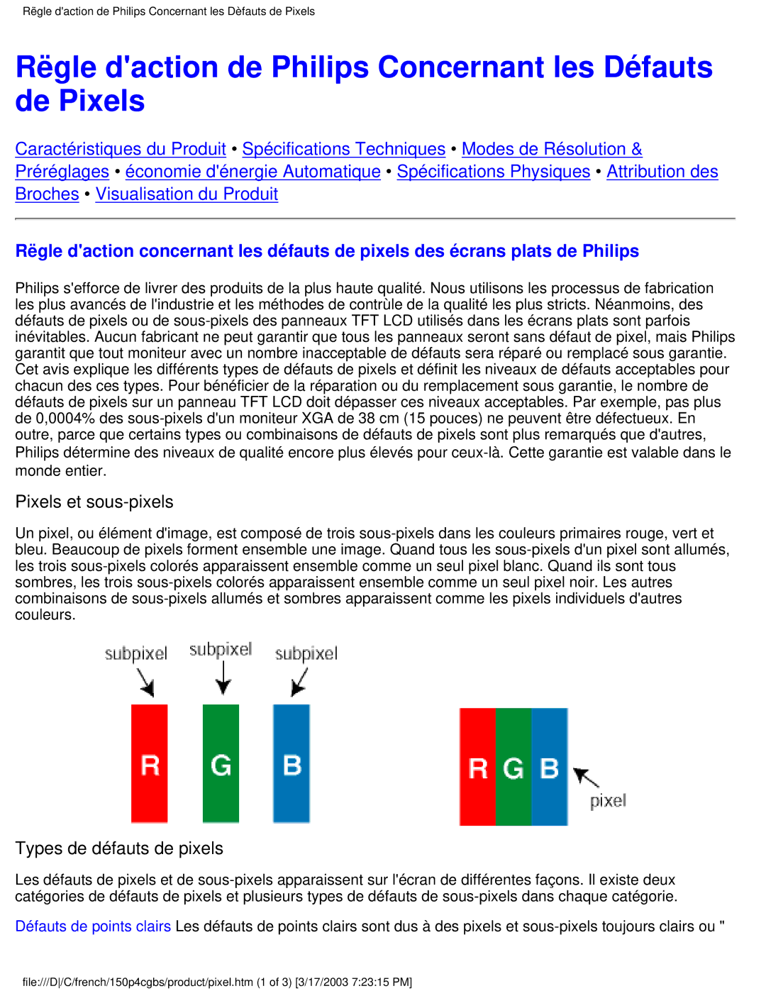 Philips 150P4CB user manual Rëgle daction de Philips Concernant les Défauts de Pixels, Pixels et sous-pixels 