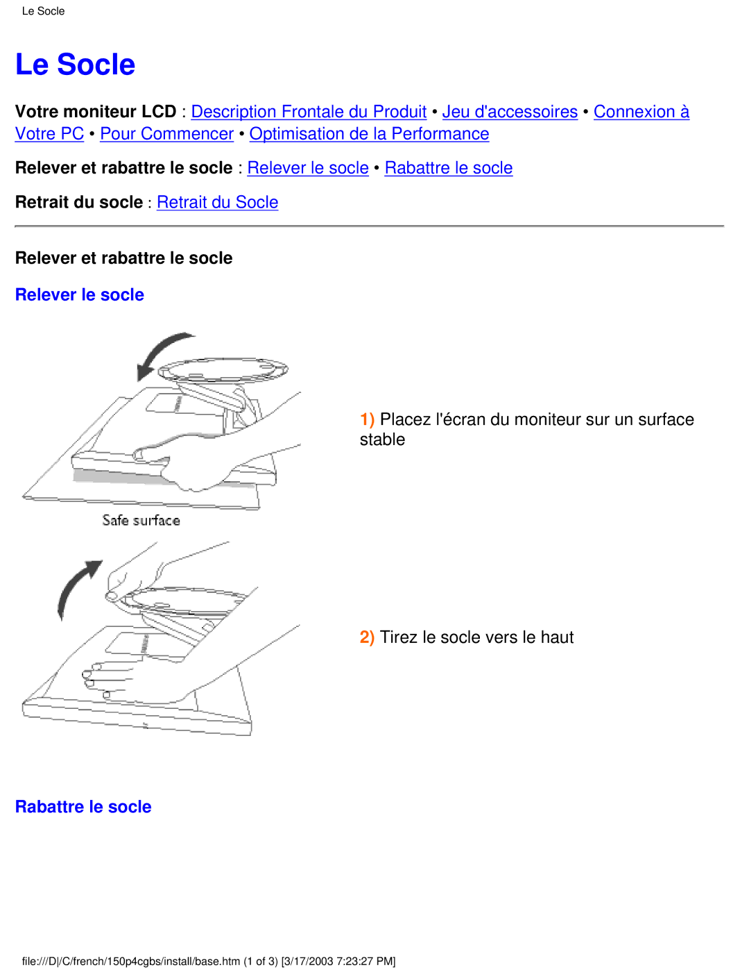 Philips 150P4CB user manual Le Socle, Relever le socle, Rabattre le socle 