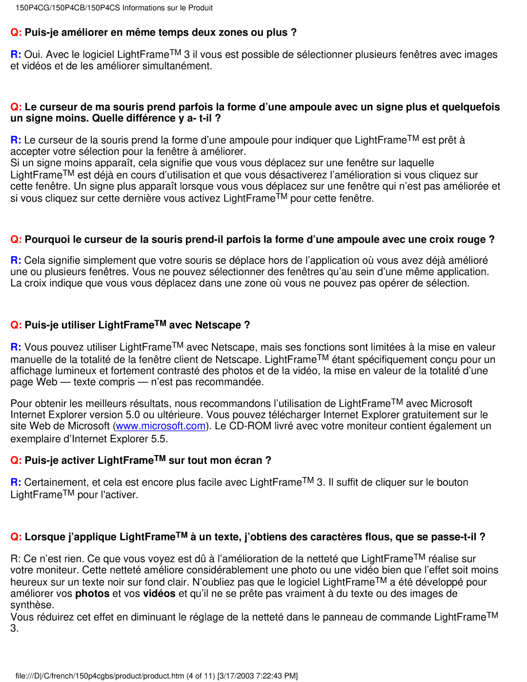 Philips 150P4CB Puis-je améliorer en même temps deux zones ou plus ?, Puis-je utiliser LightFrameTM avec Netscape ? 