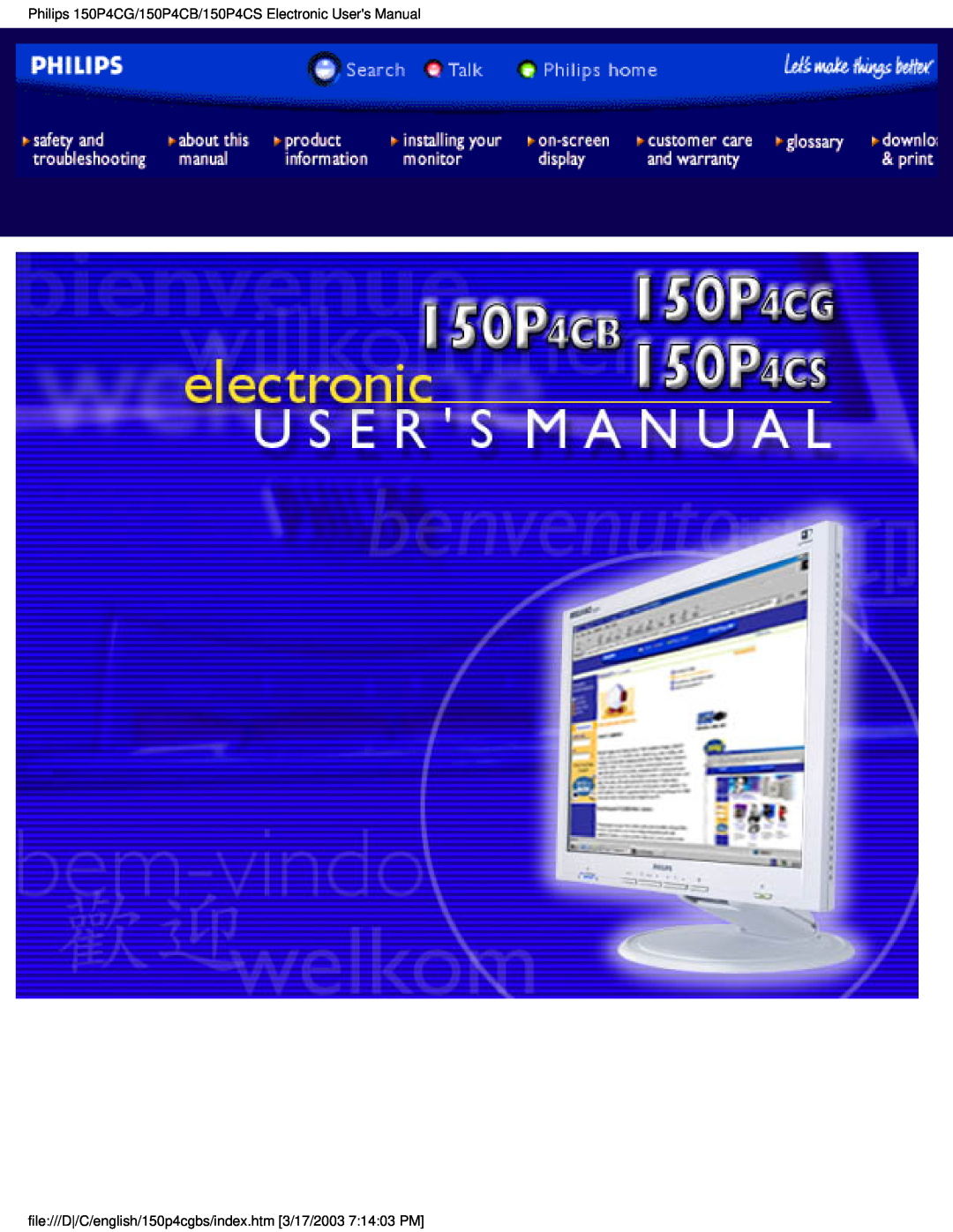 Philips user manual Philips 150P4CG/150P4CB/150P4CS Electronic Users Manual 