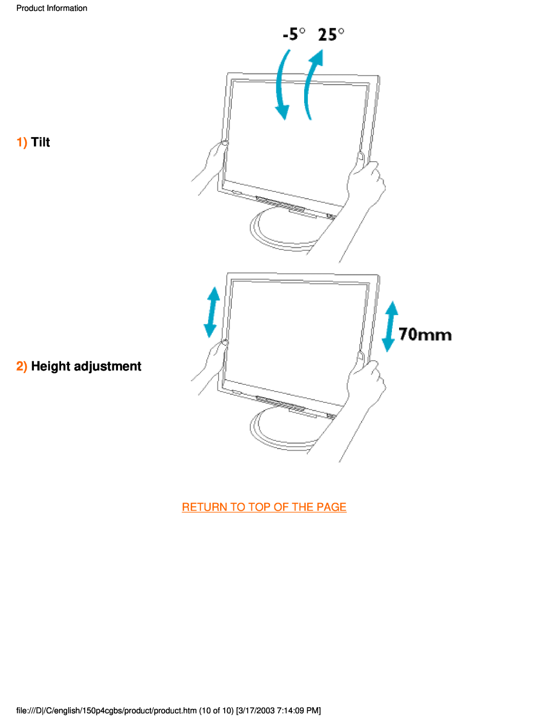 Philips 150P4CG, 150P4CS user manual Tilt 2 Height adjustment, Return To Top Of The Page, Product Information 