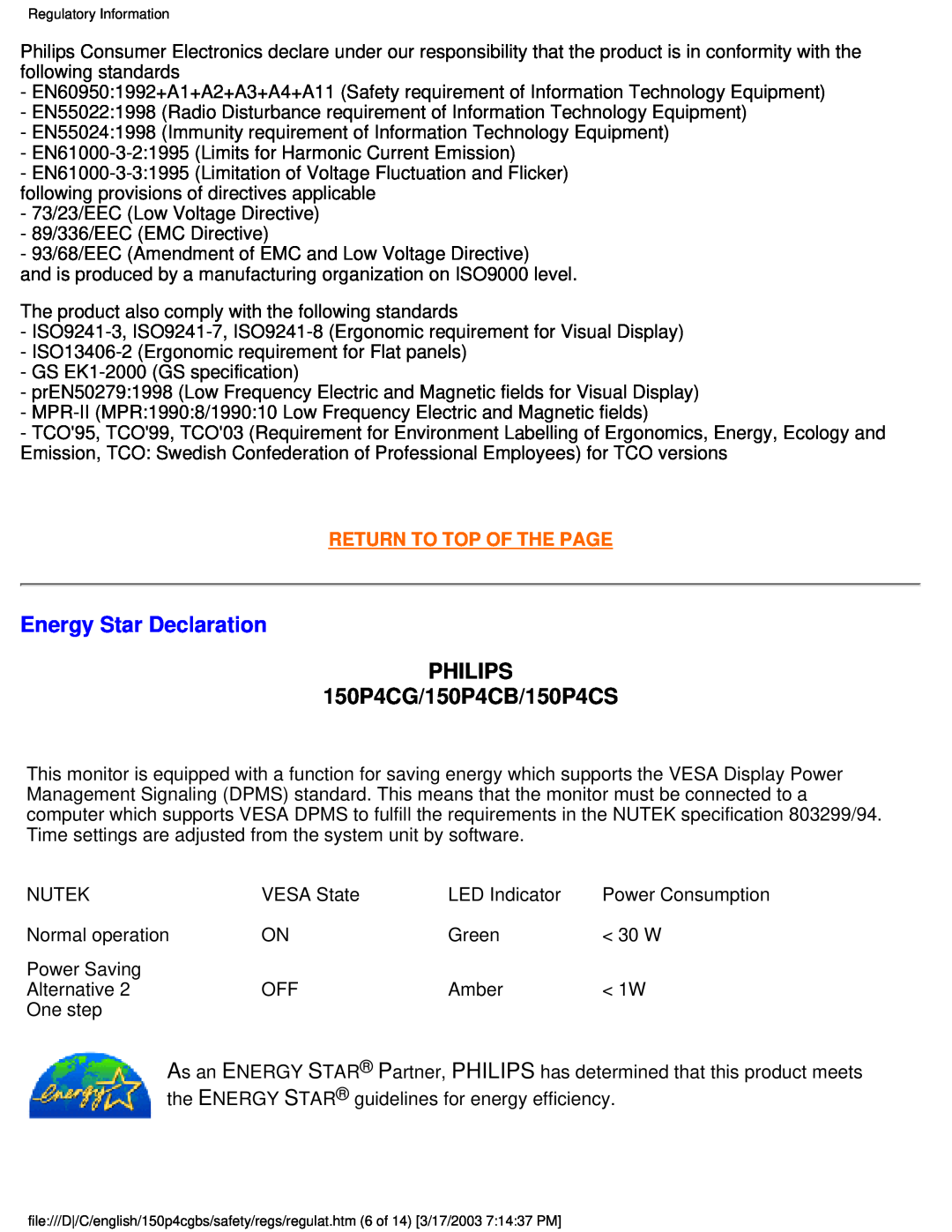 Philips user manual Energy Star Declaration, PHILIPS 150P4CG/150P4CB/150P4CS, Return To Top Of The Page 