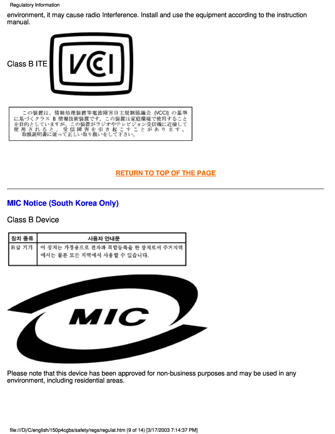 Philips 150P4CG, 150P4CS user manual MIC Notice South Korea Only, Class B ITE, Class B Device, Return To Top Of The Page 