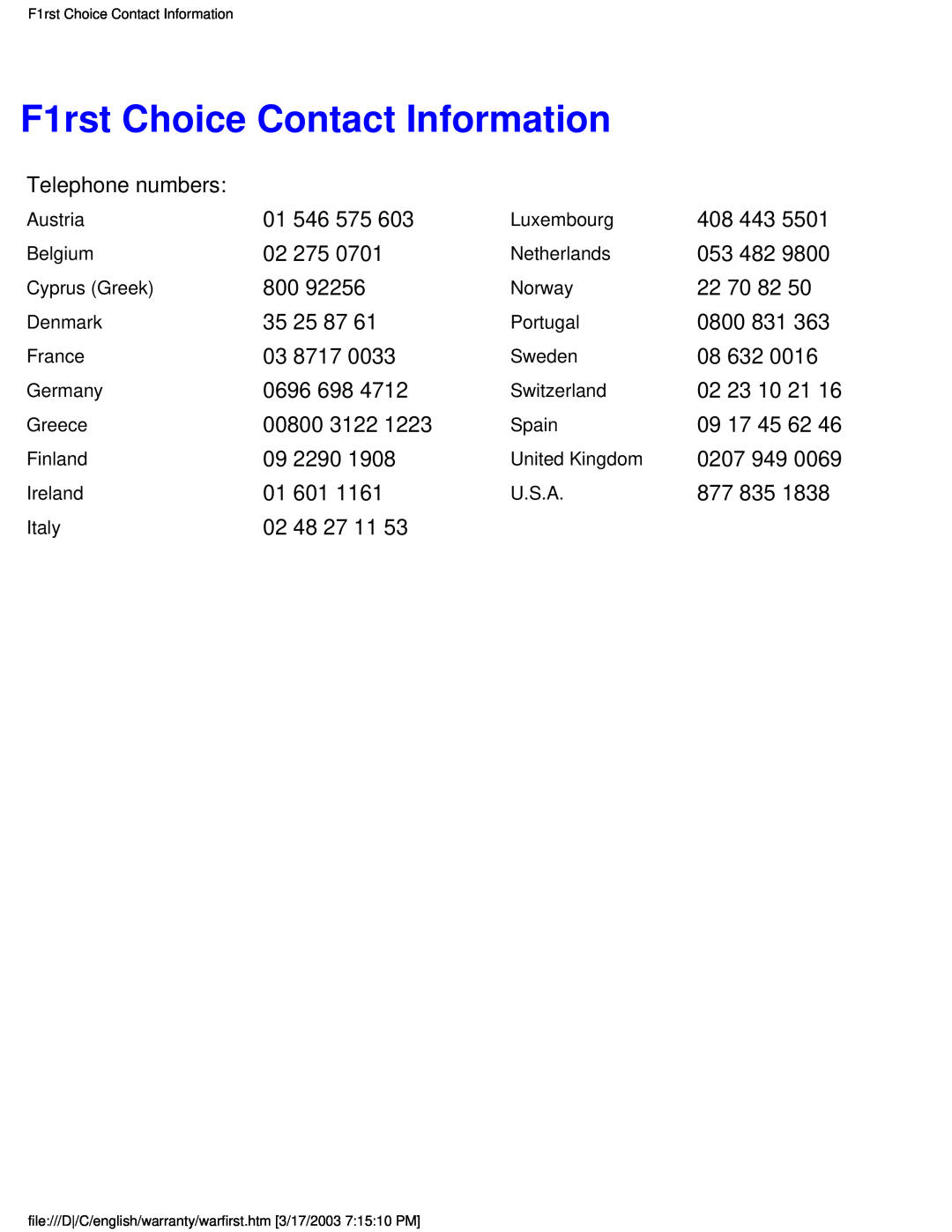 Philips 150P4CS, 150P4CG user manual F1rst Choice Contact Information 