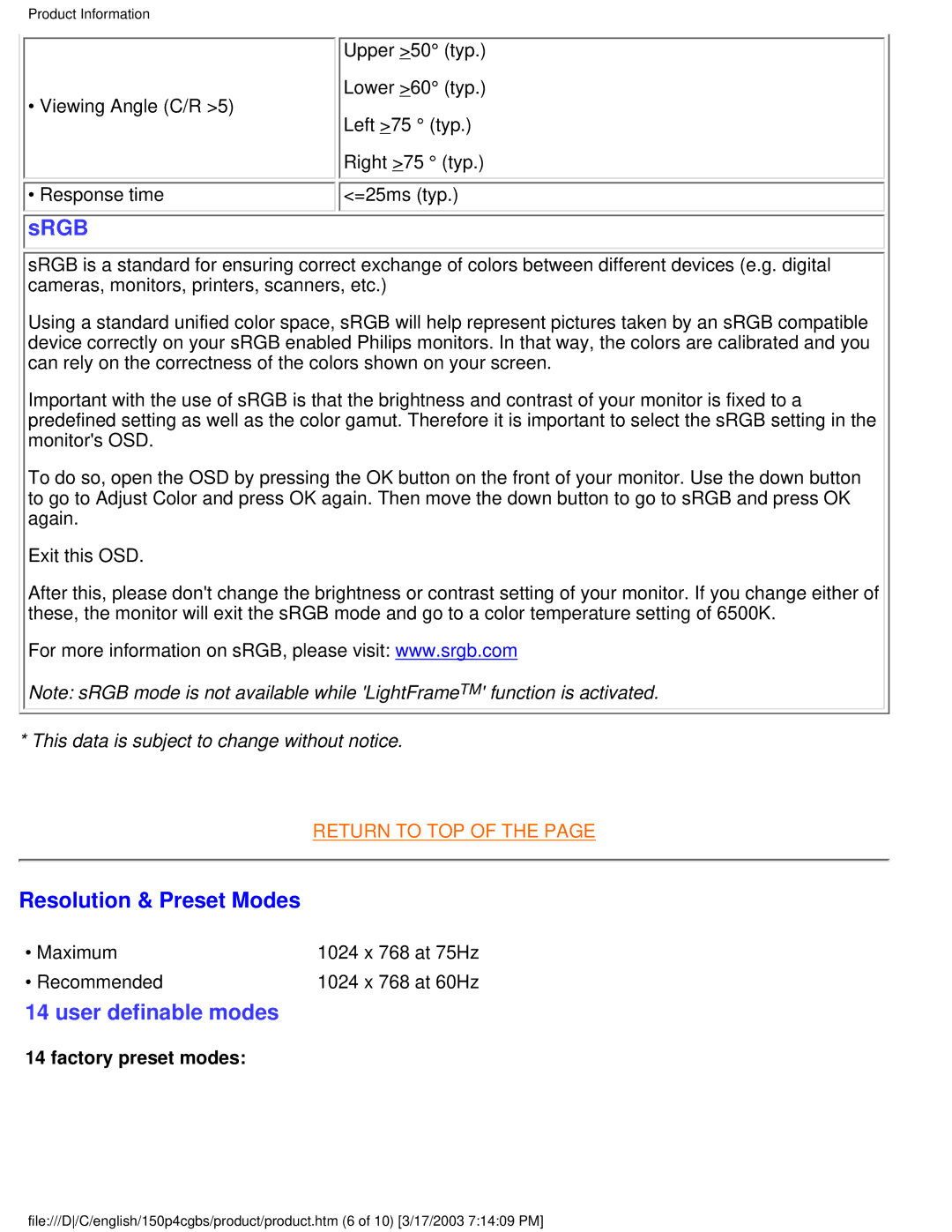 Philips 150P4CG, 150P4CS user manual Resolution & Preset Modes, Factory preset modes 