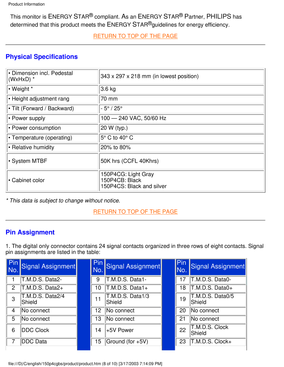 Philips 150P4CG, 150P4CS user manual Physical Specifications, Pin Assignment 