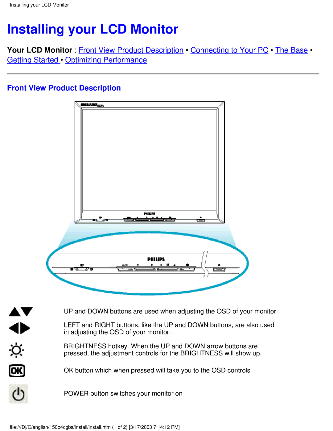 Philips 150P4CS, 150P4CG user manual Installing your LCD Monitor, Front View Product Description 