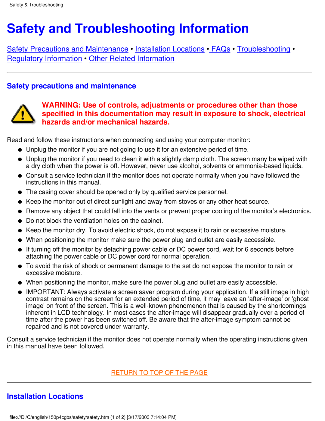 Philips 150P4CS Safety and Troubleshooting Information, Safety precautions and maintenance, Installation Locations 