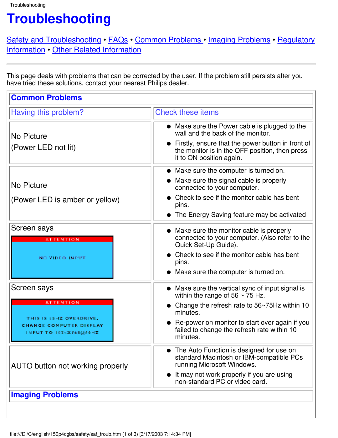 Philips 150P4CS, 150P4CG user manual Troubleshooting, Common Problems, Imaging Problems 