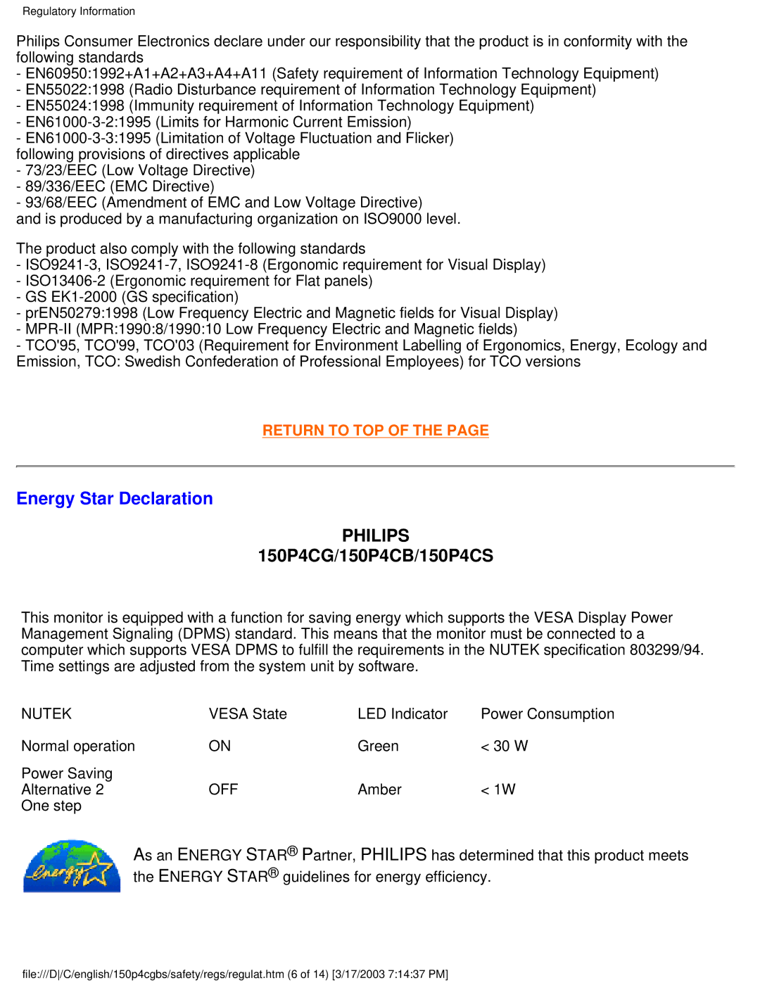 Philips 150P4CS, 150P4CG user manual Energy Star Declaration, Philips 