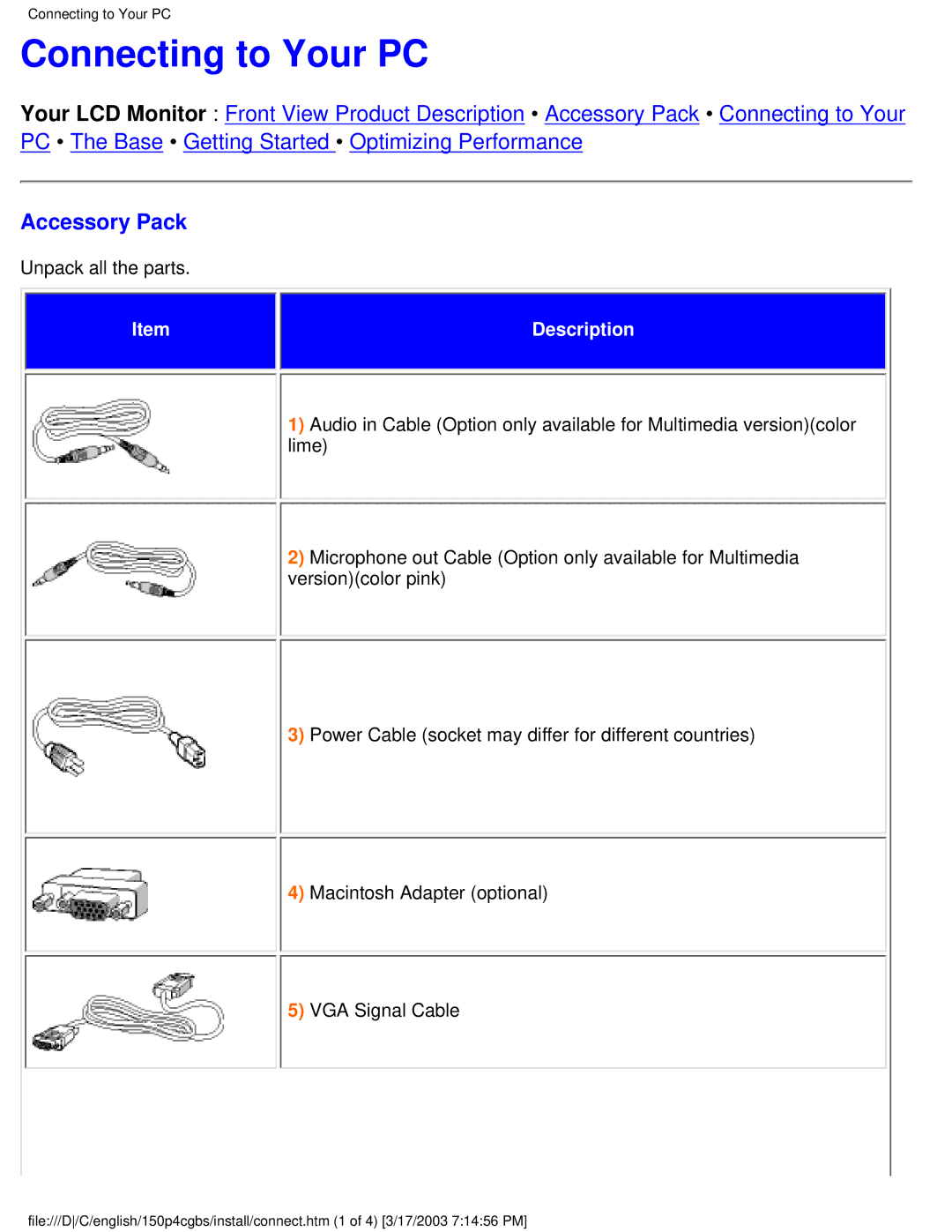 Philips 150P4CG, 150P4CS user manual Connecting to Your PC, Accessory Pack 