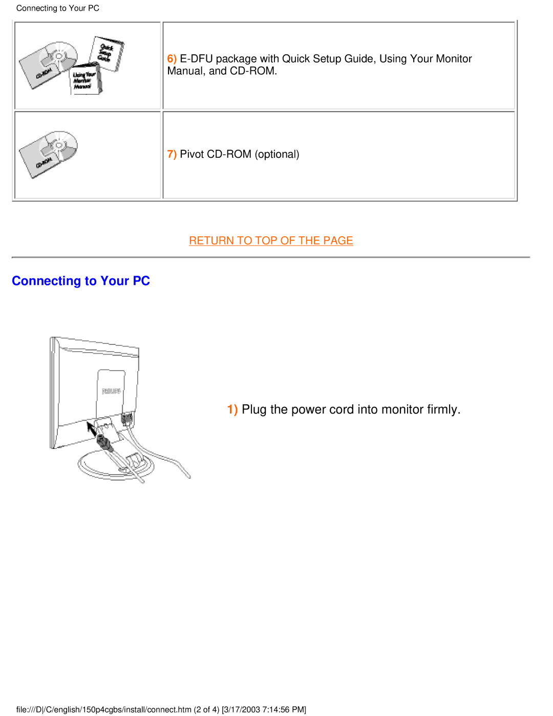 Philips 150P4CS, 150P4CG user manual Connecting to Your PC, Plug the power cord into monitor firmly 