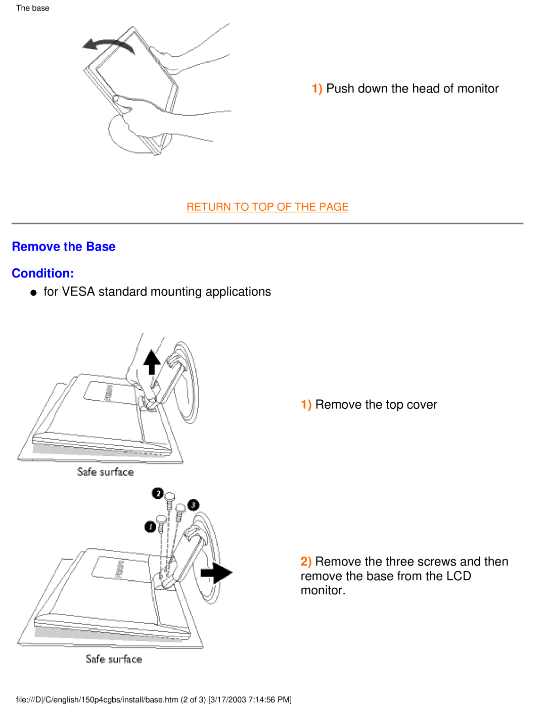 Philips 150P4CS, 150P4CG user manual Push down the head of monitor, Remove the Base Condition 