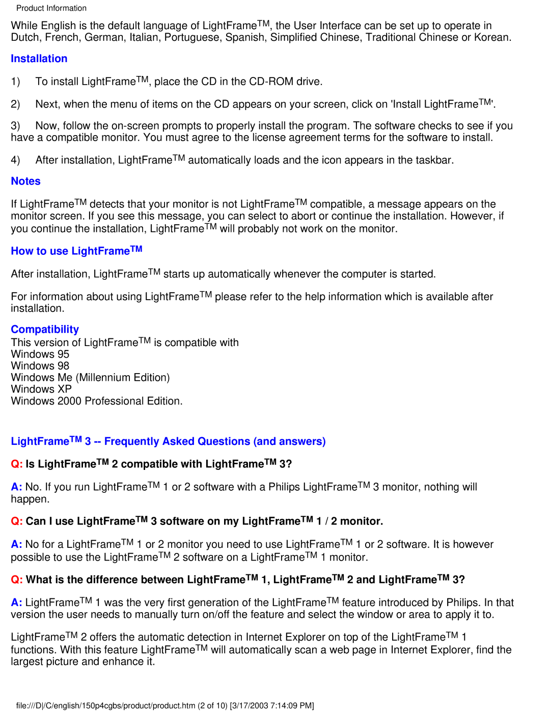 Philips 150P4CG, 150P4CS user manual Installation, Is LightFrameTM 2 compatible with LightFrameTM 3? 