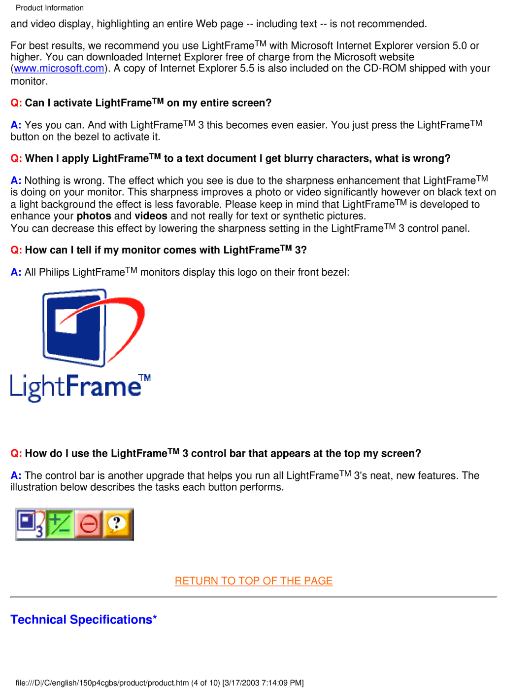 Philips 150P4CG, 150P4CS user manual Technical Specifications, Can I activate LightFrameTM on my entire screen? 