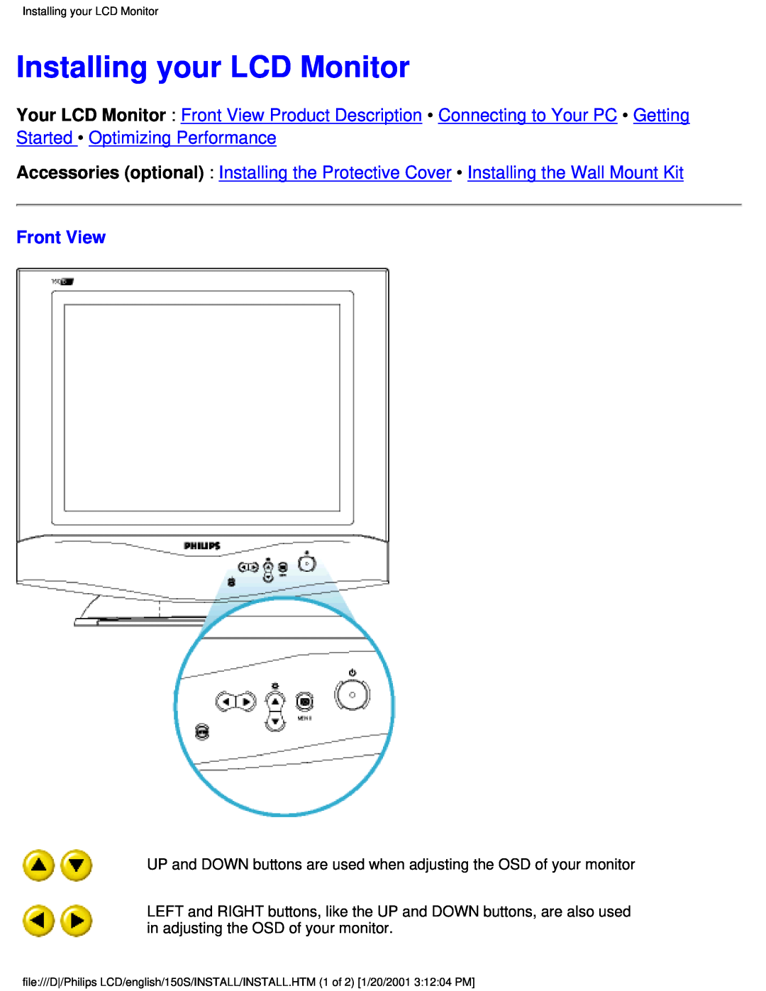 Philips 150S user manual Installing your LCD Monitor, Front View 
